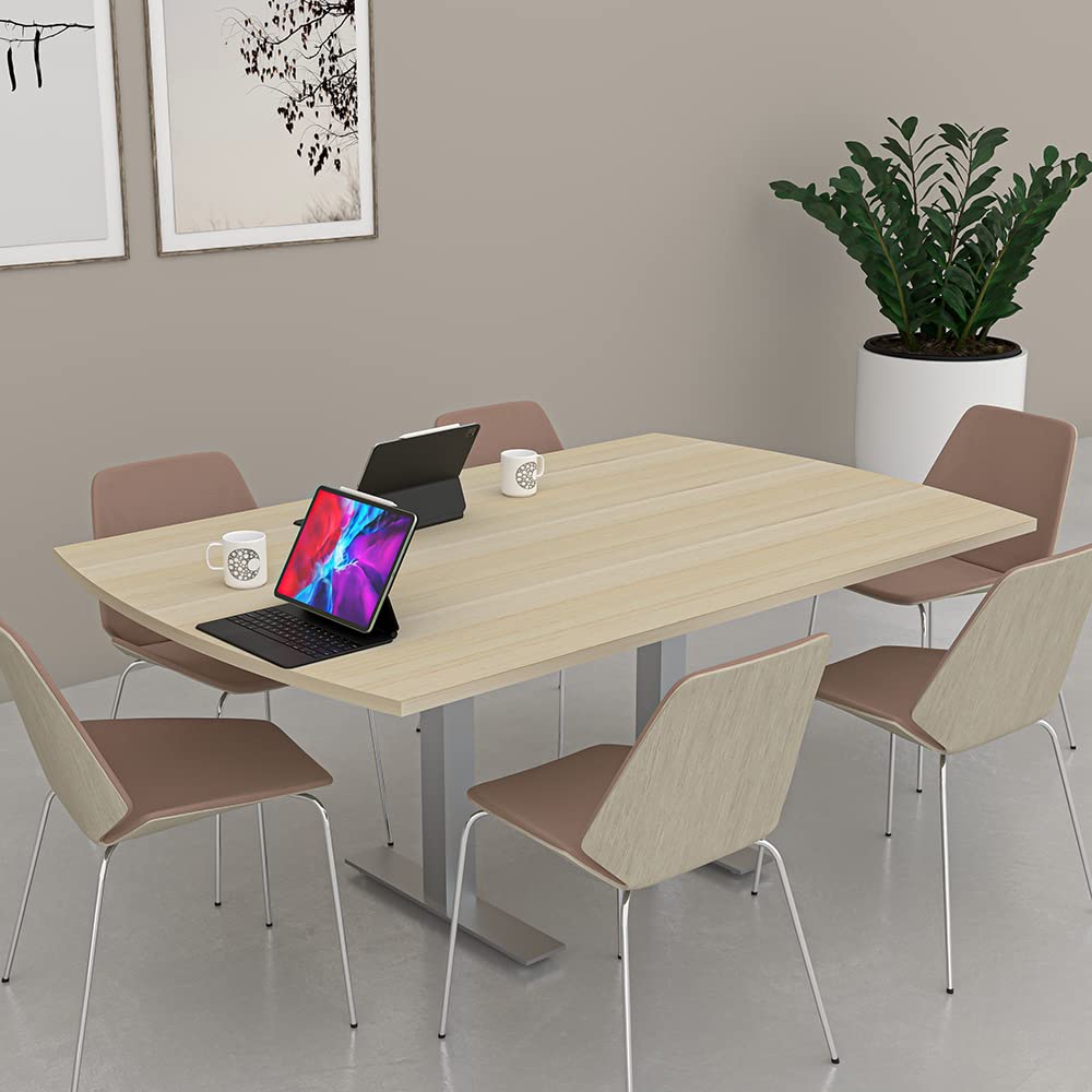 6 Person Arc Rectangle Conference Table with Power And Data | Brushed Sliver Metal T-Base | Harmony Series Meeting Tables for Offices, Training Rooms,