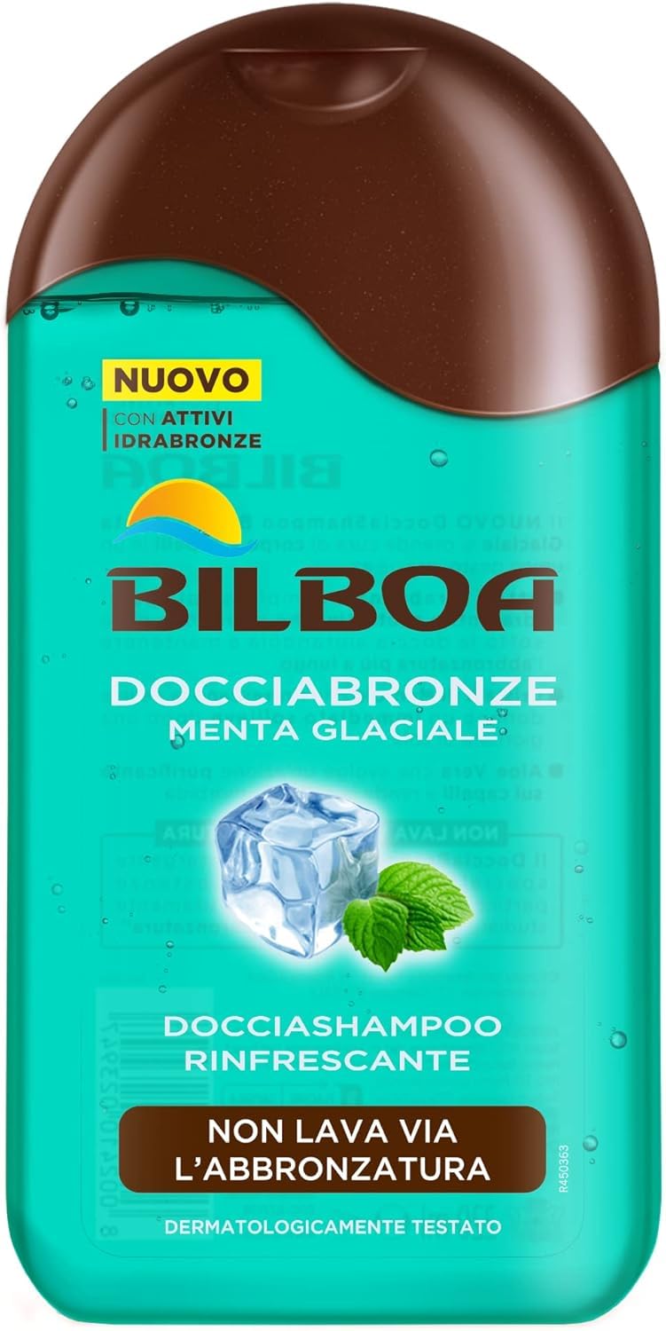 12X Bilboa Docciabronze Menta Glaciale 250ml – Docciashampoo Corpo e Capelli – Rinfrescante, Idratante, Non Lava Abbronzatura, Con Attivi Idrabronze – Uso Quotidiano, Dermatologicamente Testato