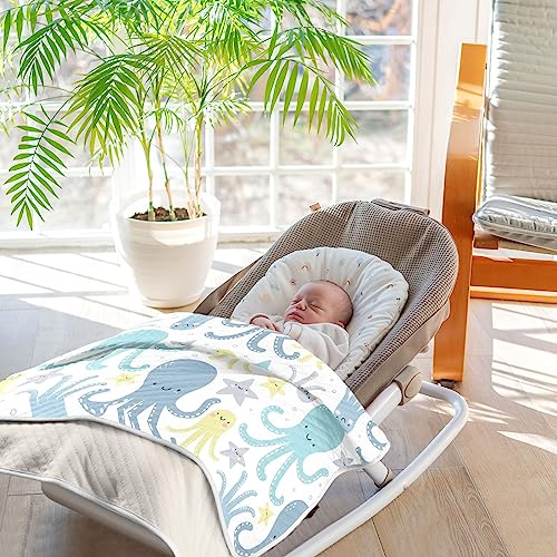Image of Swaddle Blanket for Blue Octopus with Star Baby Receiving Blanket Muslin Baby Swaddles Soft Cotton Breathable Nursery Blankets for Unisex Boys and Girls 30x40 Inch