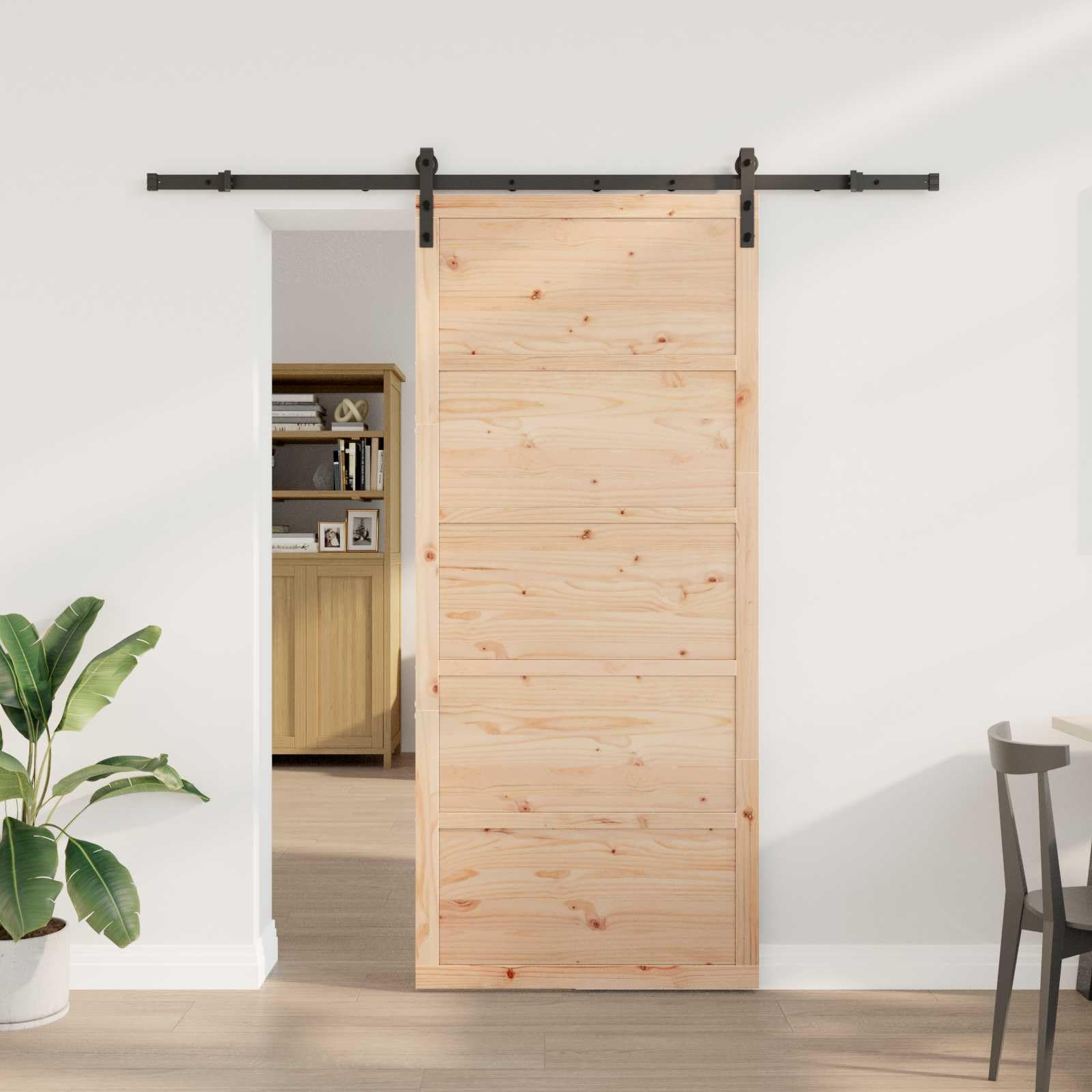 Porta scorrevole 80 x 208 cm in legno di pino, porta salvaspazio per interni, con sistema a binario, porta scorrevole