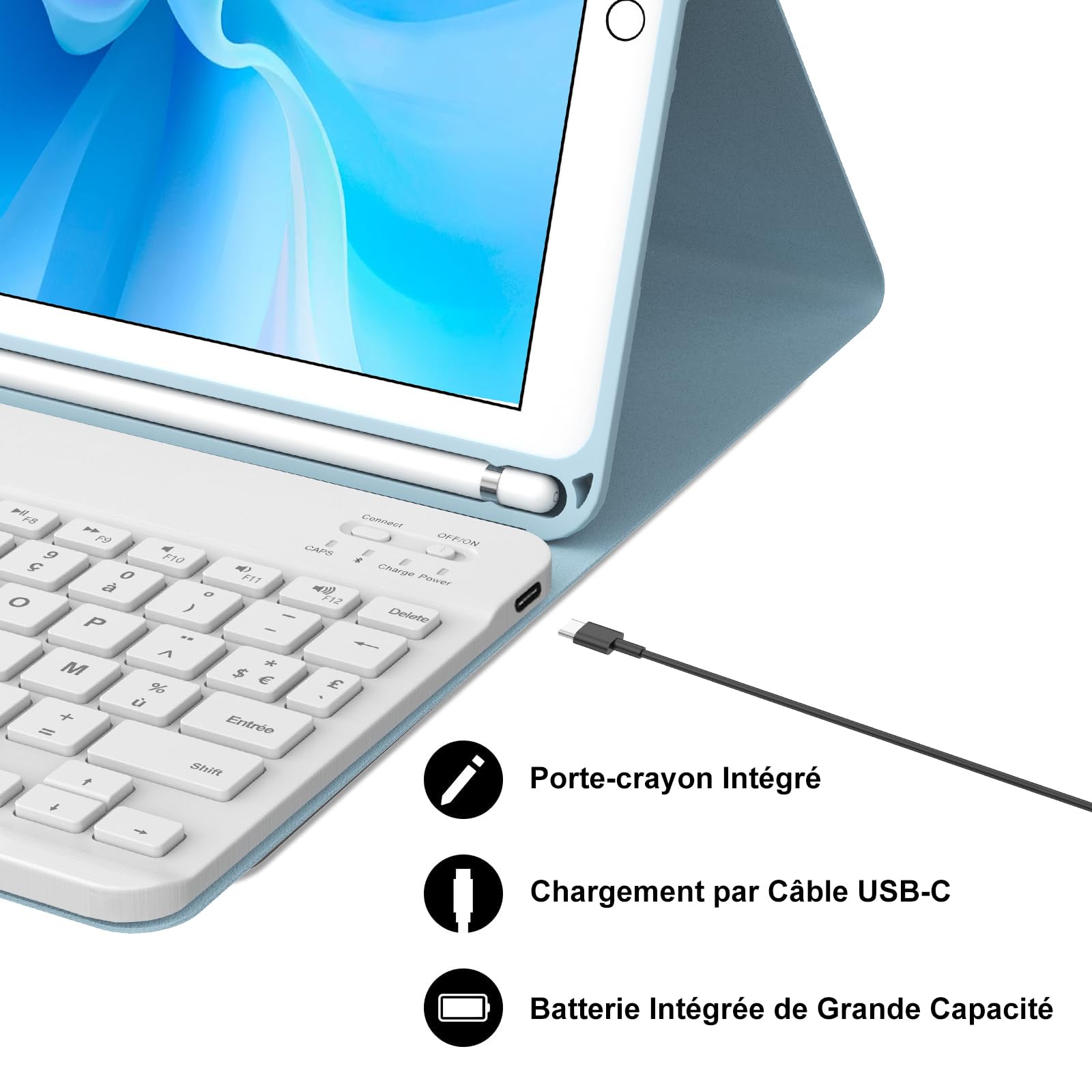 Coque Clavier pour iPad 9e/8e/7e Génération 10.2 Pouces, AZERTY Français Housse Clavier Bluetooth Détachable avec Porte Crayon pour iPad 2021/2020/2019 10.2"/Air 3 2019/iPad Pro 10.5 2017, Bleu Ciel