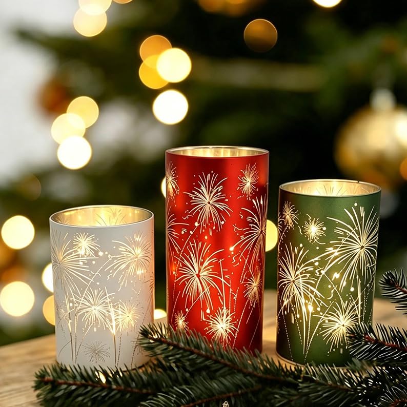 Flameless Votive Candles, 3 Pcs Flickering Flameless Maple Leaf Candle Lights with Remote & Timer, Battery Operated LED Candle Lights for Halloween Christmas Wedding (Three-Color, Fireworks)