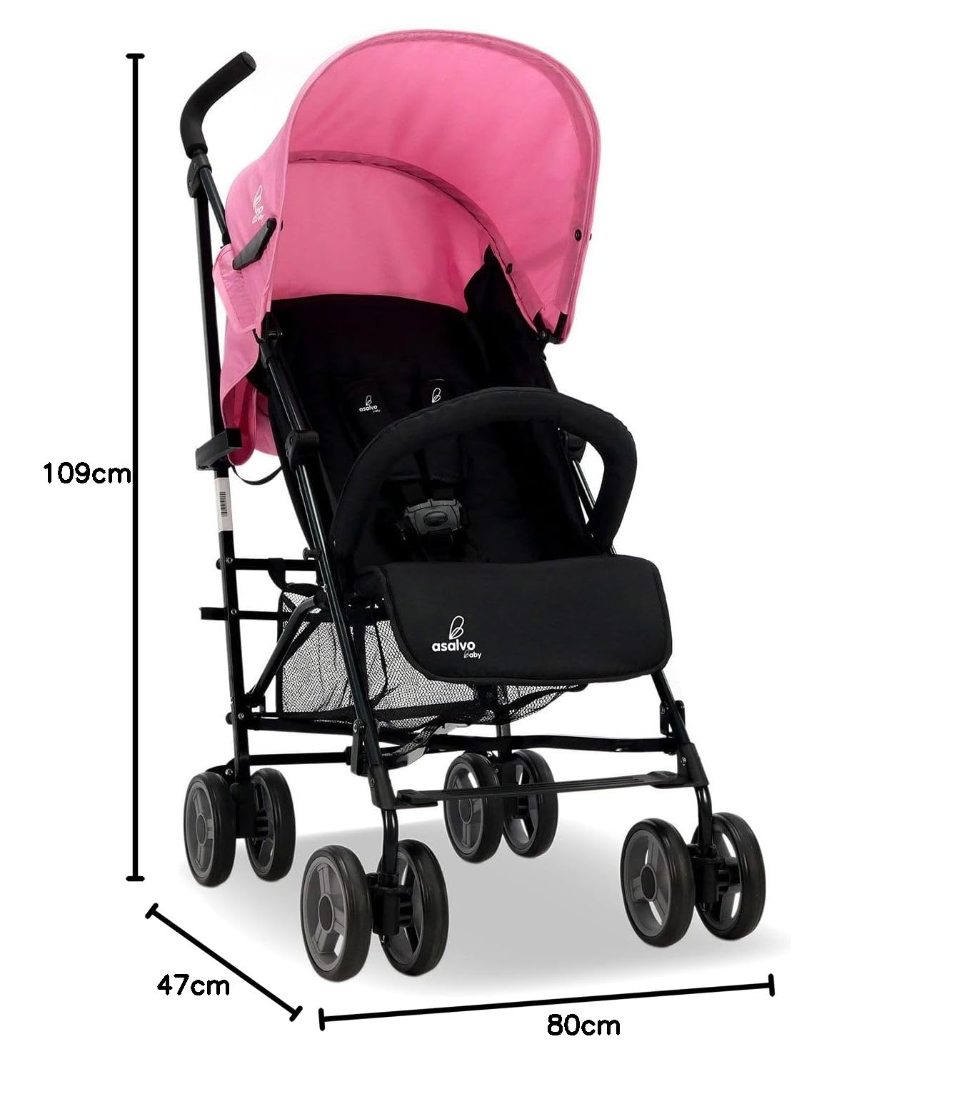 Asalvo TROTTER PLUS Silla de Paseo, Carrito bebé, Carro para bebés, Reclinable, Confortable, Ultraligera, Capota con Ventana y Freno Trasero, Manejable, Plegado compacto, Carga Máxima 25 kg, Rosa