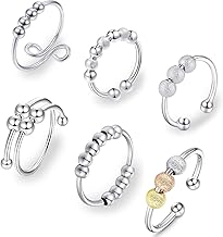 6 Pcs Anxiety Ring for Women Men - Retro Adjustable Fidget Rings with Beads 925 Sterling Silver Open Finger Rings Anxiety Stress Reliever Spinner Bead Rings or Anxiety Women Men Kids