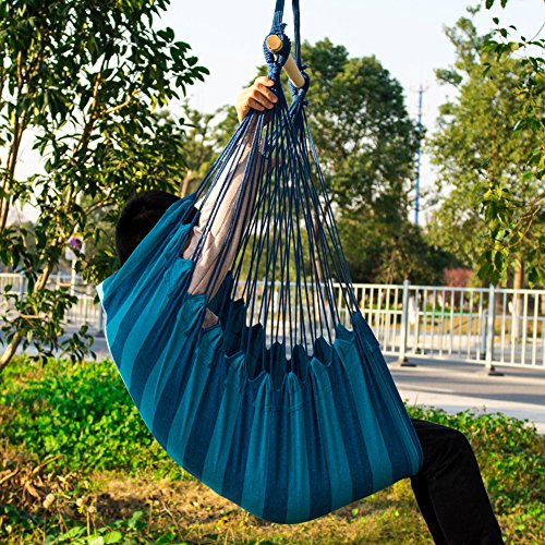 EverKing Hanging Rope Hammock Chair Porch Swing Seat, Large Hammock Net Chair Swing, Cotton Rope Porch Chair for Indoor, Outdoor, Garden, Patio, Porch, Yard - 2 Seat Cushions Included (Blue Stripe)