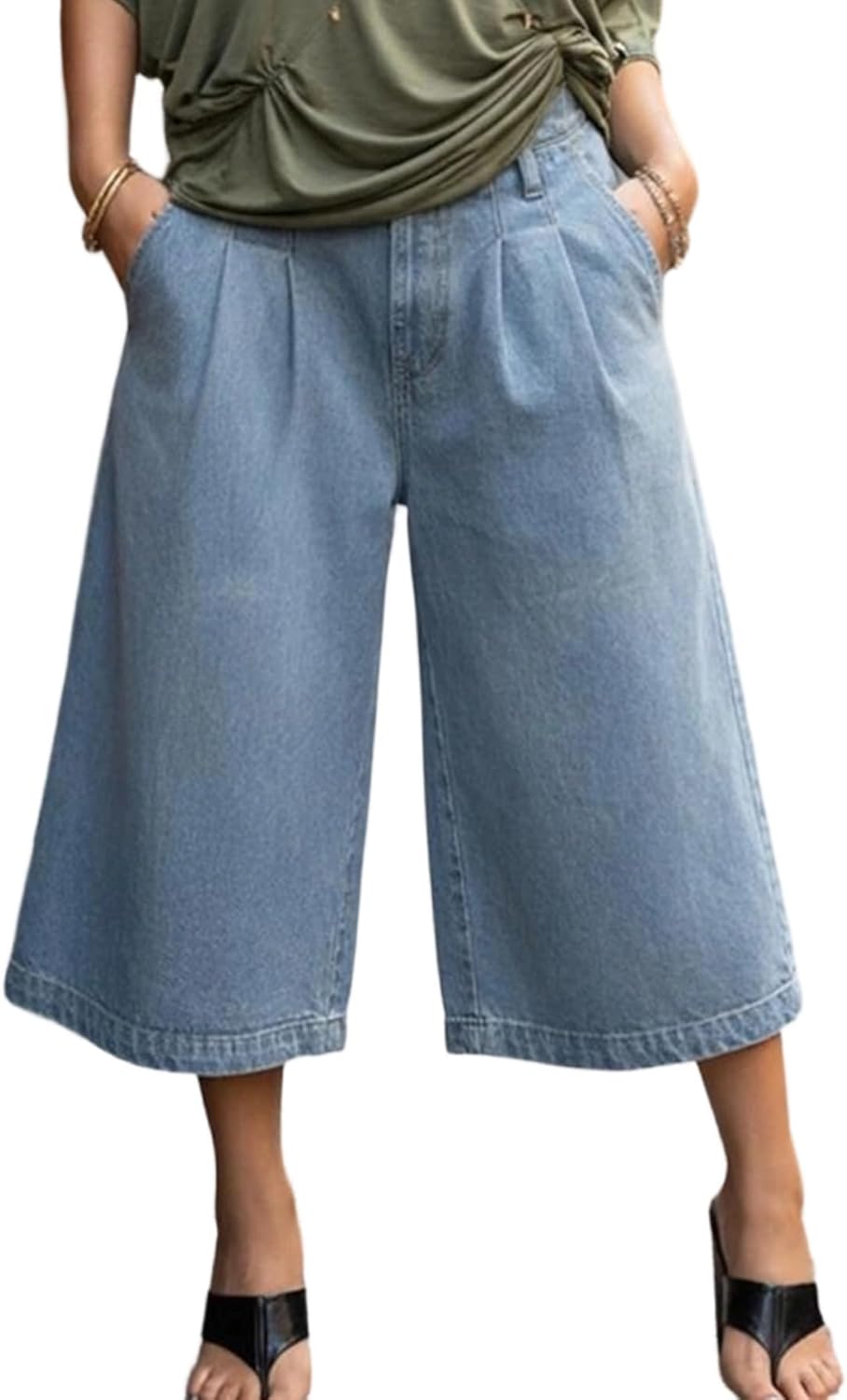 Seltaon Women's Camo Cropped Pants Barrel Camouflage Wide Leg Lounge Denim Pants Bermuda Jeans Army Fatigue Capris Pants