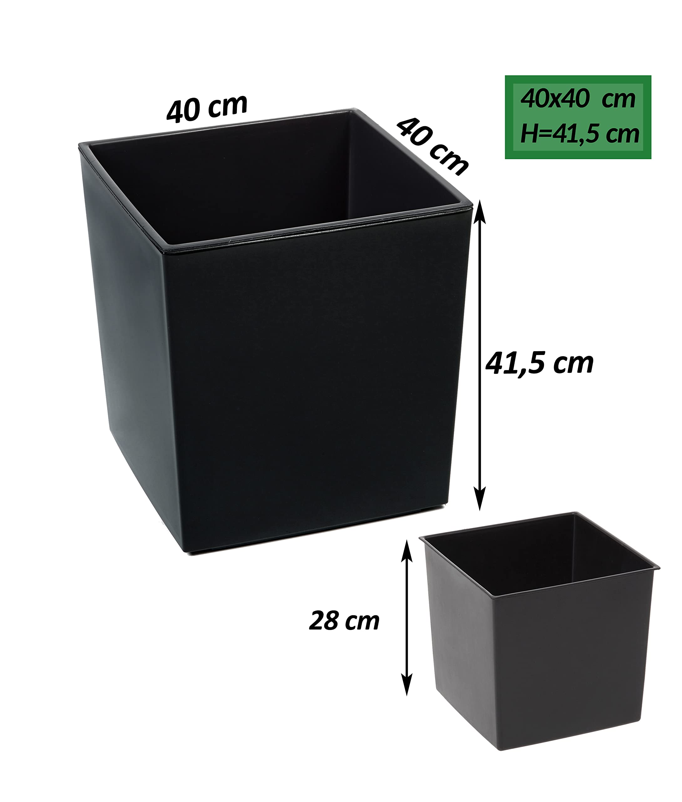 Tymar Pot de Fleurs, Pot de Fleurs, en Plastique, Grand Pot de Fleurs, carré, Brillant, pour Jardin, Balcon, terrasse, Maison (Noir, 40 x 40 cm)
