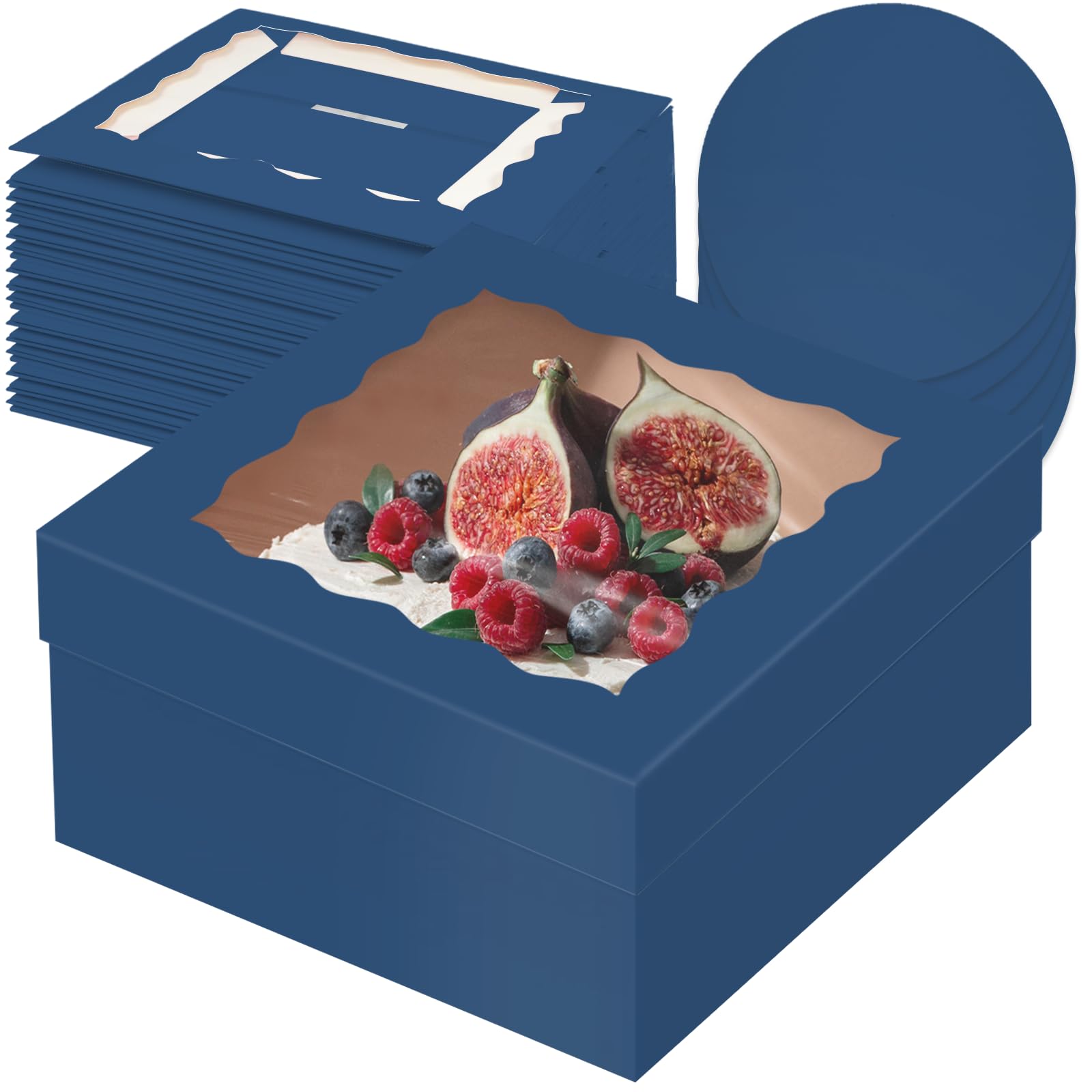 Gcardist 12x12x6 Inch Cake Box, 5 Sets Ink Blue Cake Box with Window & 5 Sets 12 Inch Ink Blue Cake Round Boards