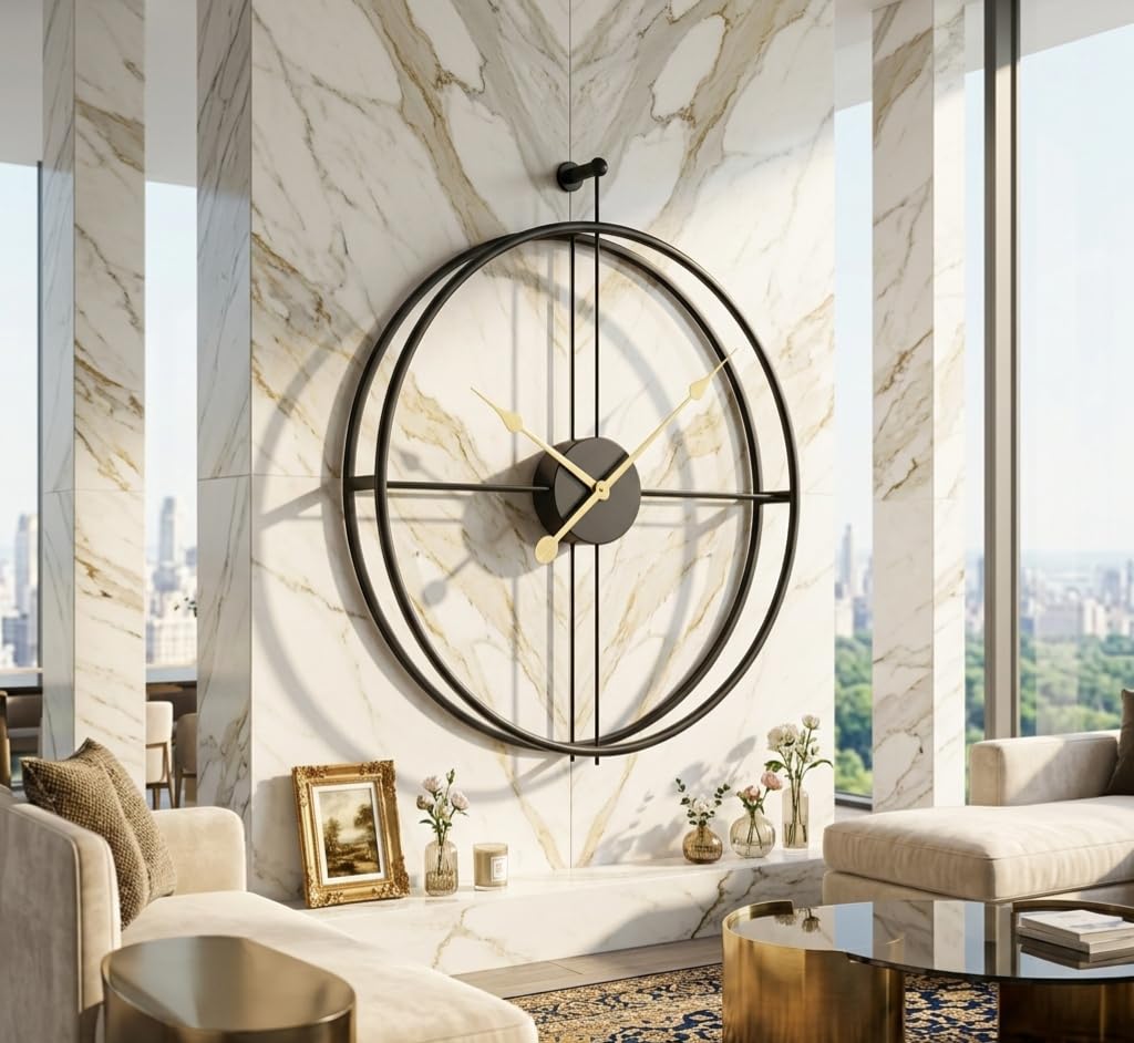 Modern Metal Wall Clock, Gold, 24 Inch, Minimalist Open Face Design with Double Ring Frame (Black 22 inch)-image-38