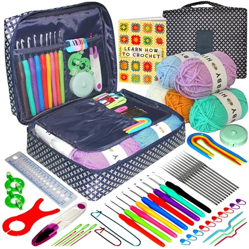 hobby hive Crochet Kits for Beginners Adults 60PCS Starter Set Includes Instructions Ergonomic Crochet Hooks Set Knitting Accessories Yarn & Storage Case