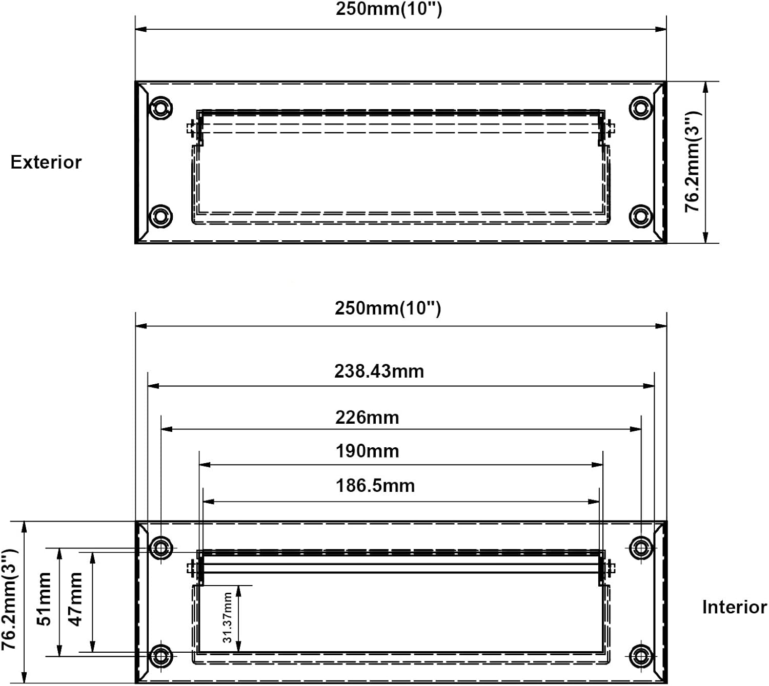 QCAA Solid Brass Mail Slot, with Solid Brass Interior Frame, 10" x 3", Satin Nickel, 1 Pack, Made in Taiwan
