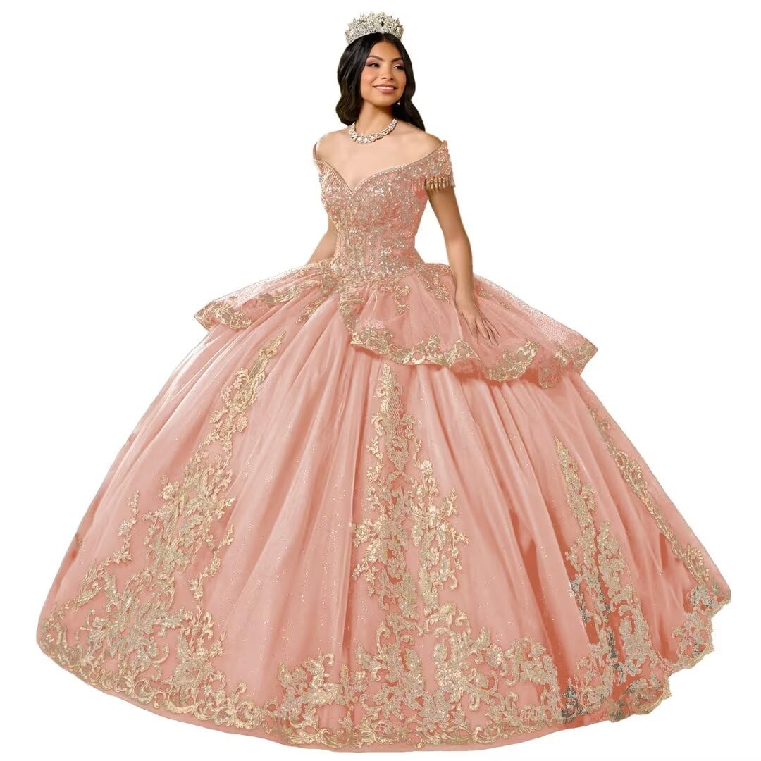 DXUOPL Glitter Tulle Quinceanera Dress with Train Luxury Tassel Sweet 15 16 Dress with Detachable Bow Gold Beaded Ball Gown