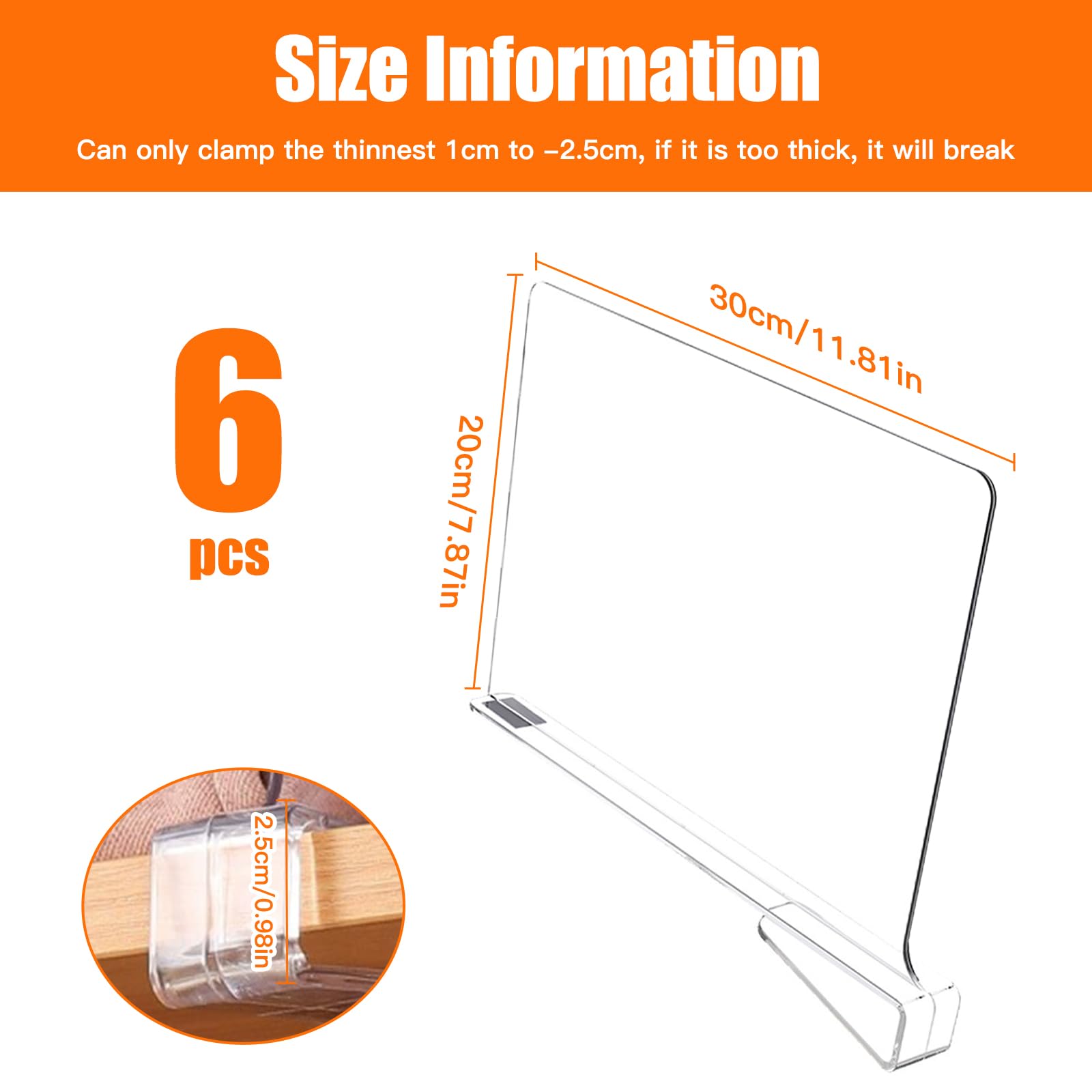 6 Pcs Separadores Acrílico Transparente, Estantería Organizador Armario Interior, Separador Almacenamiento Vertical, Estantes Organización Ropa para Dormitorio, Cocina, Librerías, Oficinas, Cajones