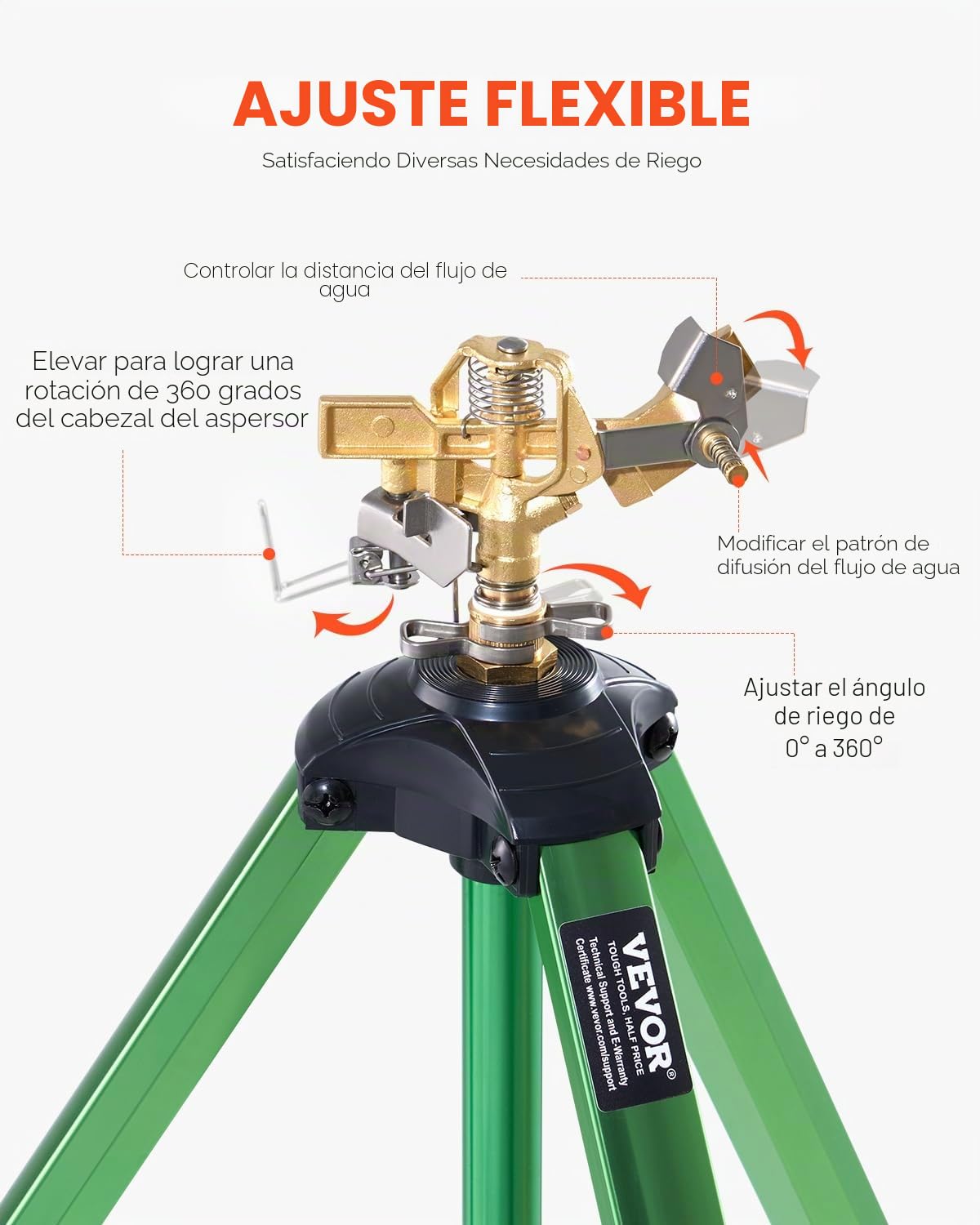 VEVOR Aspersor de Impacto con Base de Trípode 2 Piezas, de Alta Resistencia, con Cabezal de Latón y Conector G3/4 Pulgada, 360 Grados para Riego de Areas Grandes y Altura Ajustable para Jardín