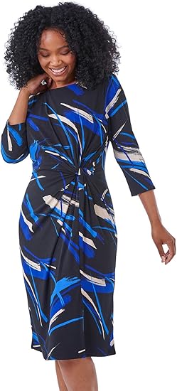 Roman Originals Twist Knot Waist Dress for Women UK - Ladies Ruched Waisted Wrap Stretch 3/4 Sleeve Jersey Knee Length Business Classic Smart Day Work Office Formal Evening - Royal Blue - Size 18