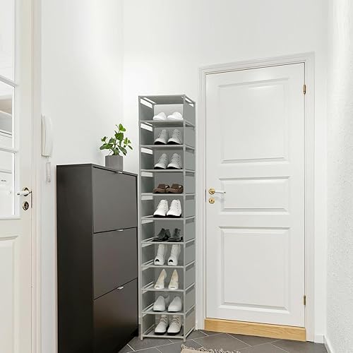 Miniatura 14 de Zapatero alto y estrecho vertical para entrada de puerta delantera, 10 niveles, organizador de zapatos de metal resistente para entrada de armario