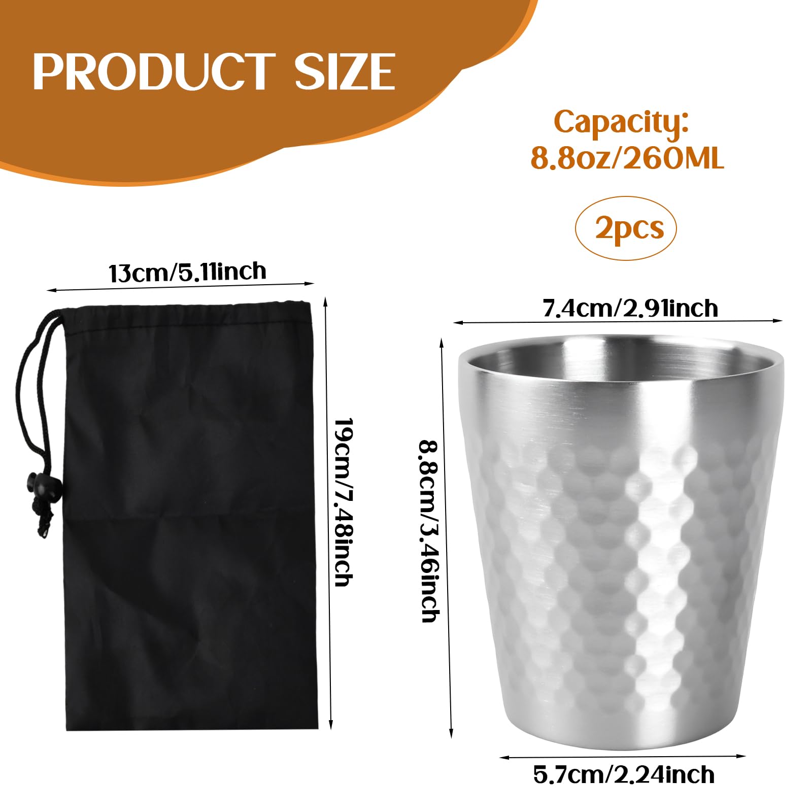 2 Piezas Vasos Acero Inoxidable 260 ml, Tazas de Metal Reutilizables, Taza Camping de Metal de Pulido Martillado, Apilable y Reutilizable Para Caminatas, Campamentos y Festivales De Fiesta