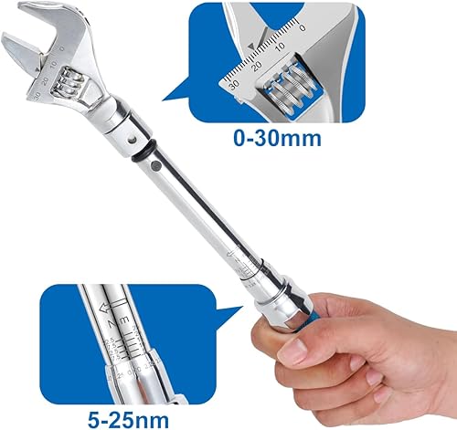 Miniatura 5 de HOTBEST Llave dinamométrica ajustable, 5-25 NM, mandíbula ajustable de 1.181 in, llave dinamométrica de extremo abierto, llave de cabeza