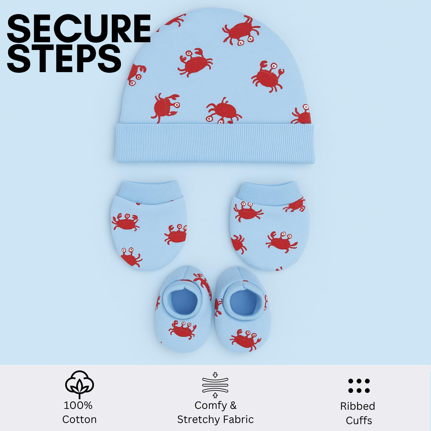 Secure Steps Mittens Cap and Booties Set for New Born Baby Pack of 4 | 100% Cotton Baby Mittens Set 0 to 6 Months | Soft Anti-Scratch Caps Mittens and Booties Newborn | Cute Designs | Boys & Girls