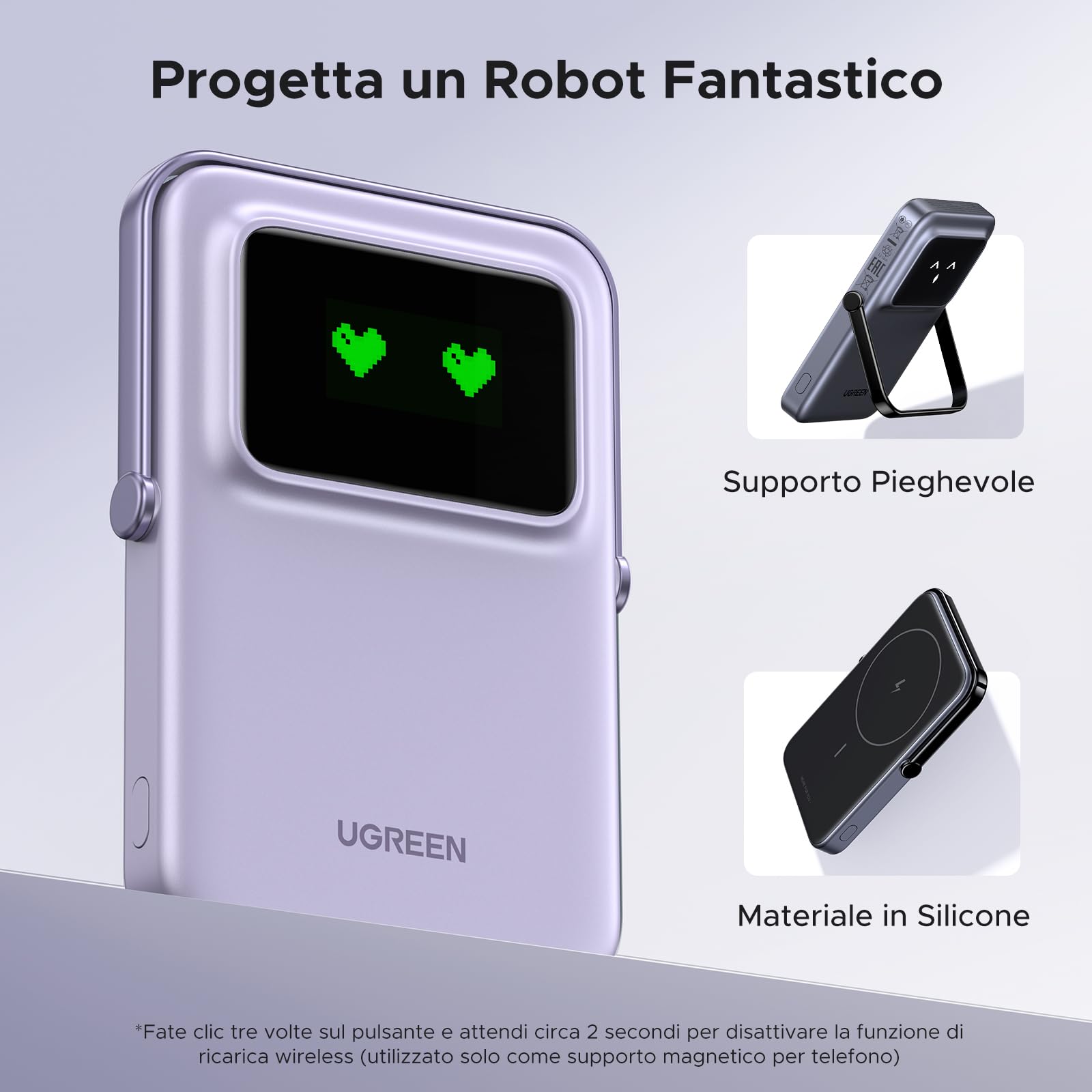 UGREEN Uno Power Bank Magnetico 5000mAh, Caricatore Portatile Wireless PD 20W con Display e Supporto, Compatibile con iPhone 16/15/14/13/12 Mini Plus Pro Max (Viola)
