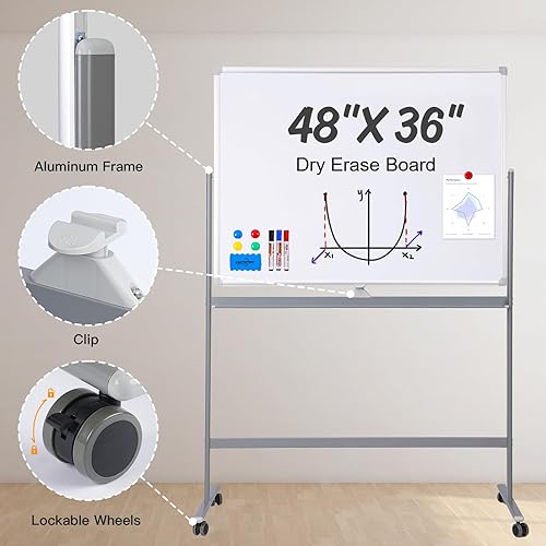 Miniatura 2 de Pizarra blanca rodante con soporte, pizarra blanca de 48 x 36 pulgadas de borrado en seco sobre ruedas, pizarra blanca móvil grande de borrado en
