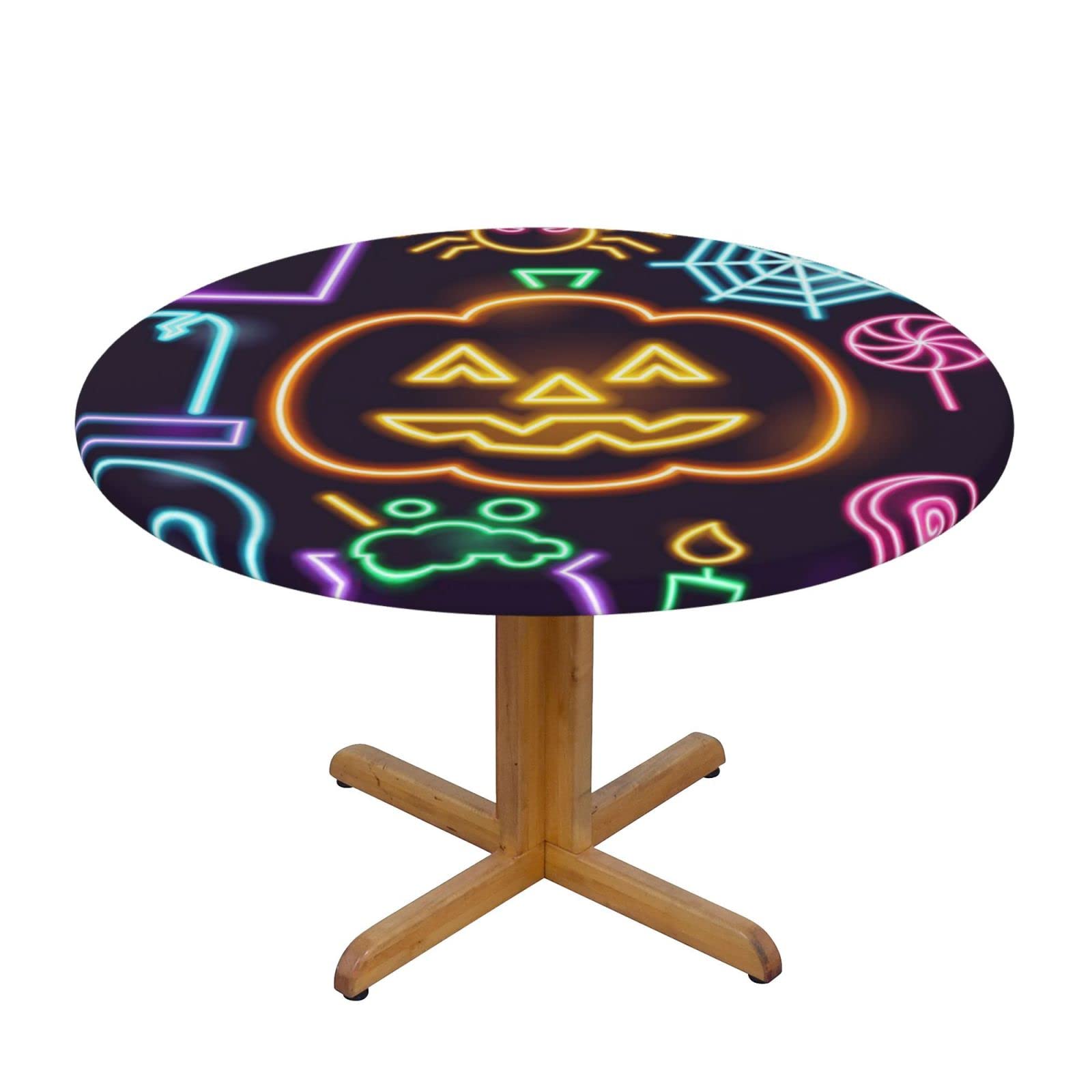 Lsjuee Round Fitted Tablecloth 40-44in Elastic Edged Table Cloth for Kitchen Dining Party Home Decor - Halloween Neon Black