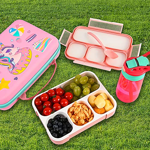 Insulated Lunch Box Kids Lunch Bag Set, Girls Lunchbox With 4 Compartment Bento Box Freezable Ice Pack Water Bottle Silicon Cap Salad Container, Toddler School Supplies Lunch Kit (Pink Unicorn) #TOP3
