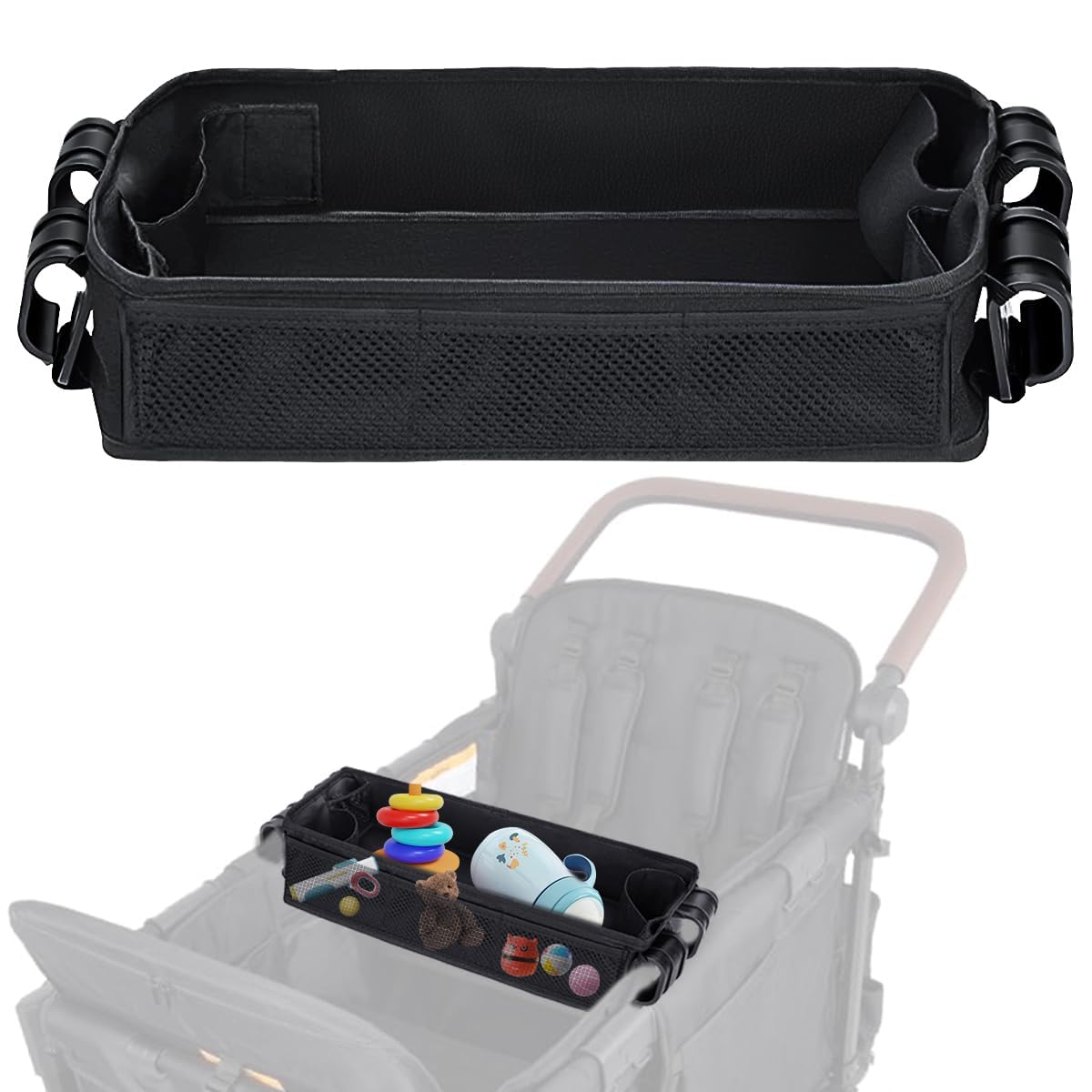Photo 1 of Stroller Snack Tray Compatible with Wonderfold Wagon - Upgraded with Extra Thick Base, Waterproof Faux Leather Sides & Side Mesh Pockets for Added Durability (W4 Series Thickened)