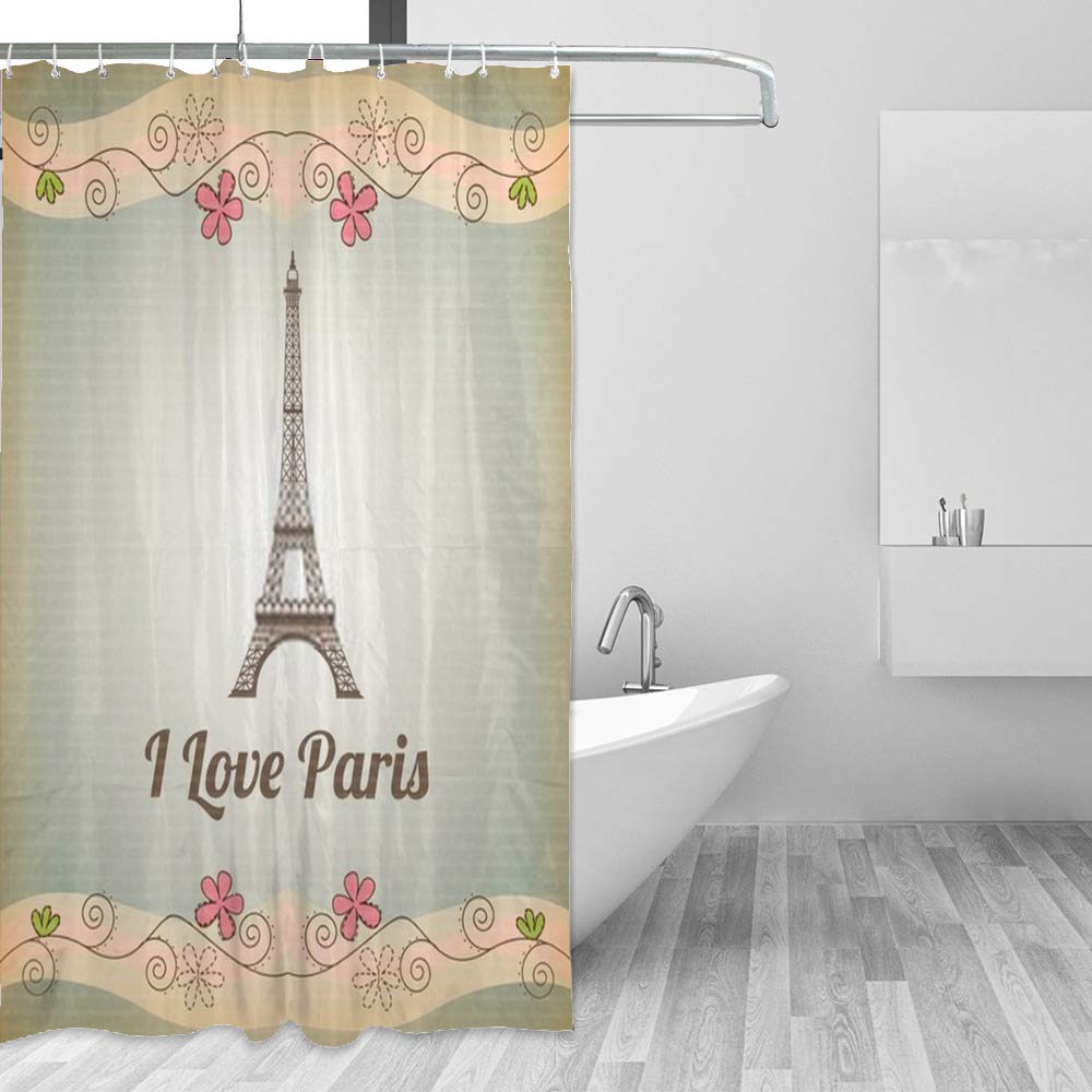 Rideau de douche anti-moisissure lavable motif fleur rose et monument historique en tissu