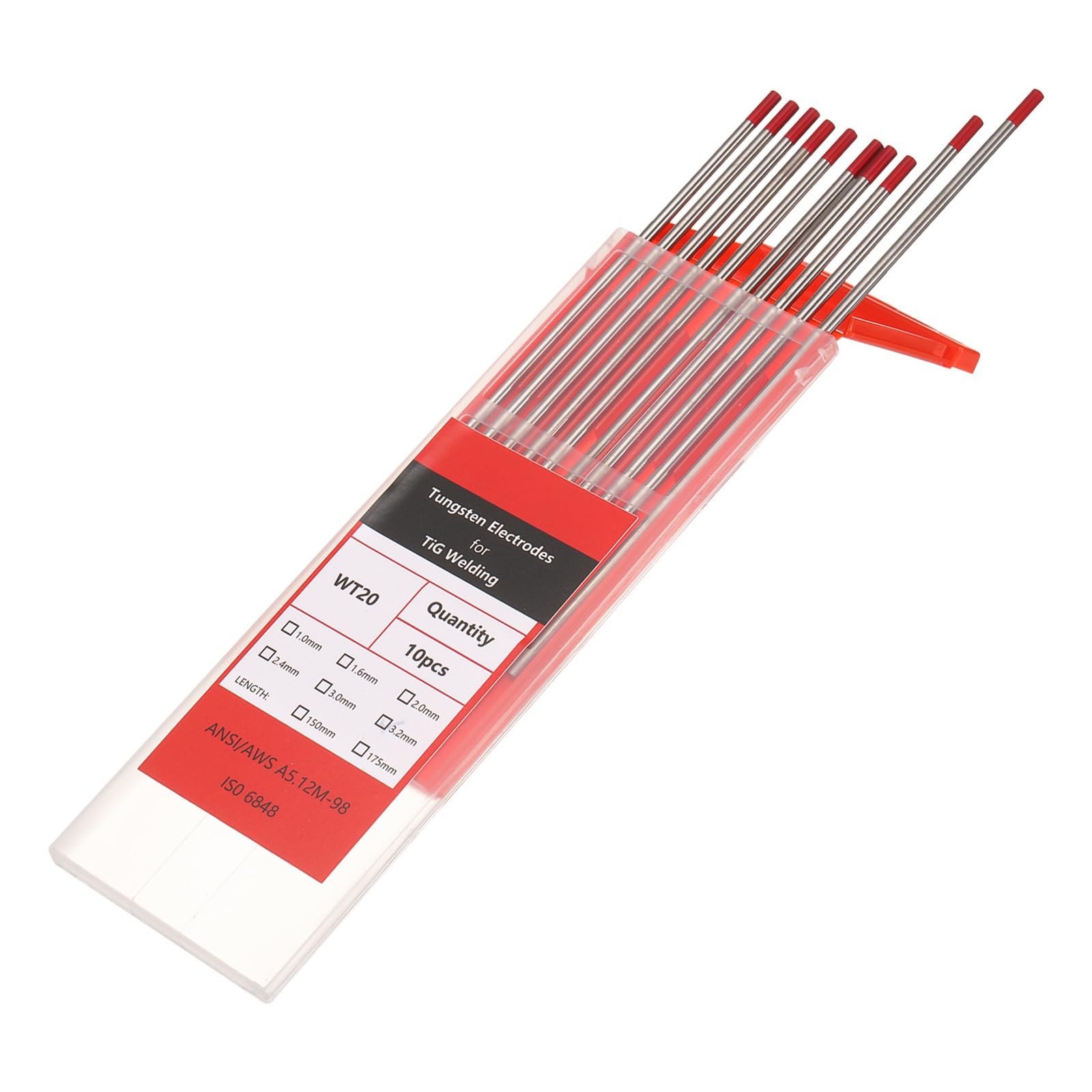 QUARKZMAN 10pcs Électrodes De Tungstène 1/8" x 7" 1.8-2.2% Rouge WT20 | Pour Soudage TIG, Pour Soudage Acier Inoxydable, Soudage Alliage Aluminium Magnésium Industrie Fabrication