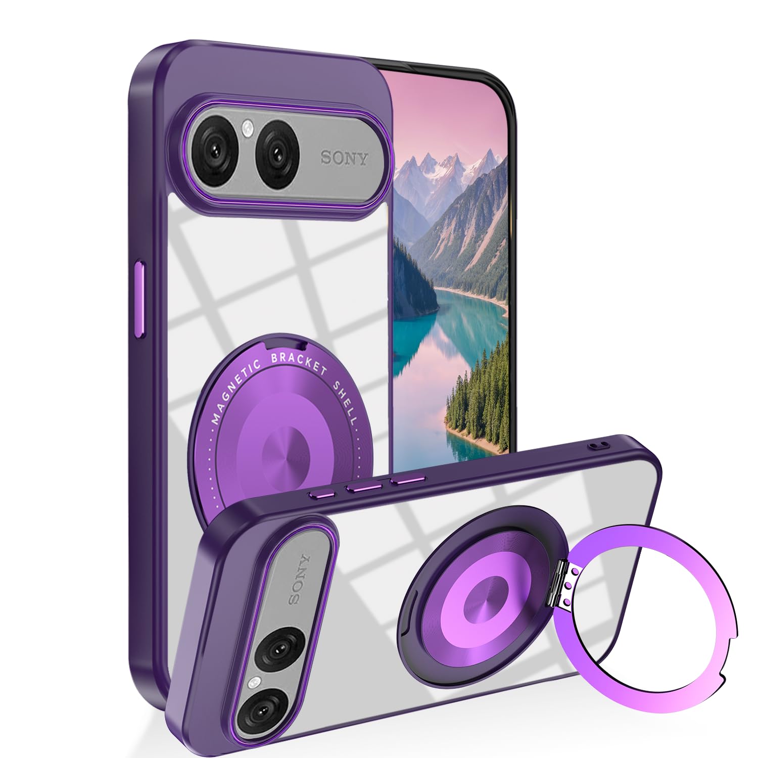 Compatible with Sony Xperia 10 VII Case with Magnetic Ring Holder Kickstand, Clear Shockproof Silicone Thin Phone Case for Sony Xperia 10 VII Full Body Cover (Purple)