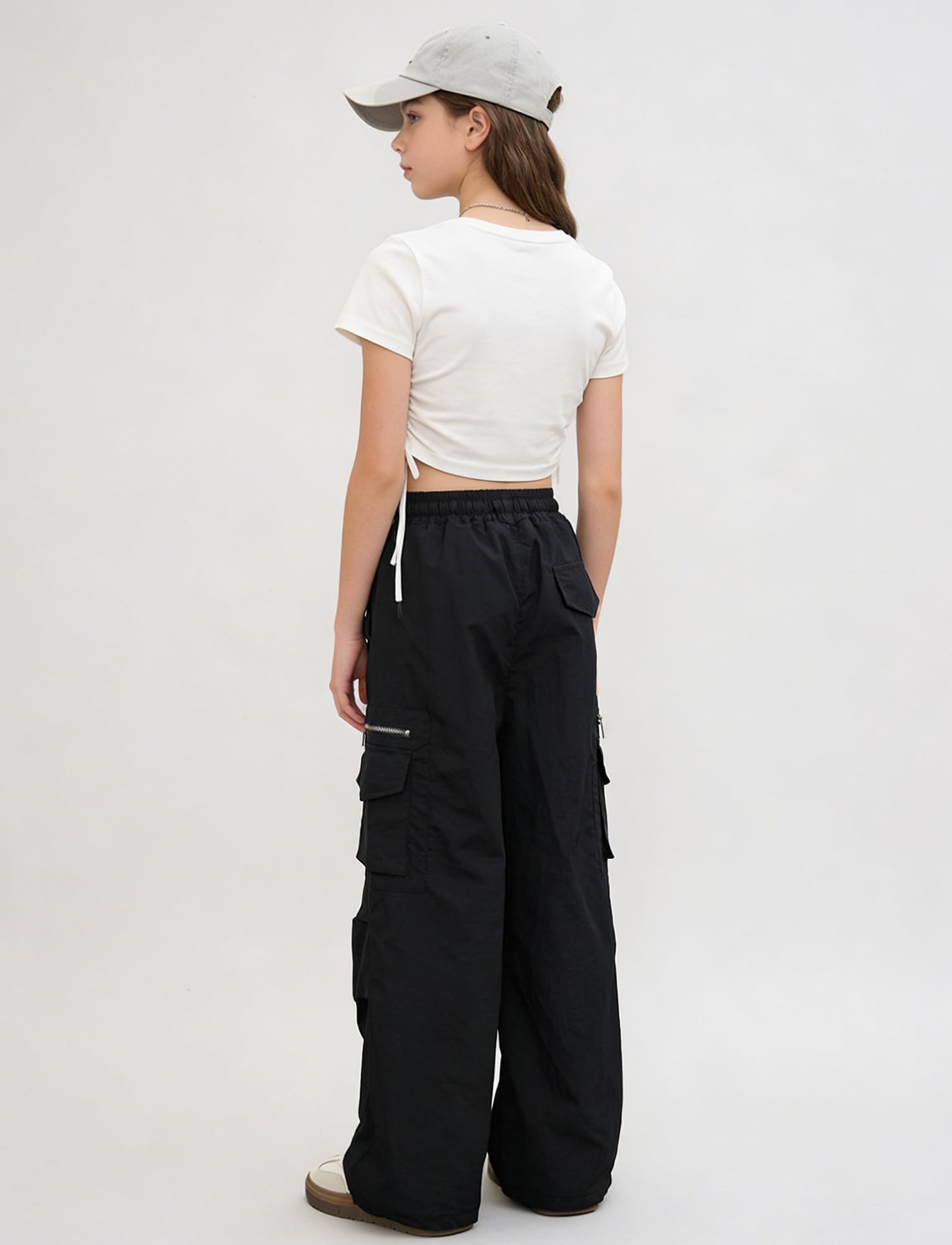 Maeau Meau - Pantalones cargo para niñas, cintura elástica alta, con cordón, pantalones holgados con múltiples bolsillos, ropa de calle casual, pantalones cargo de secado rápido para deportes casuales