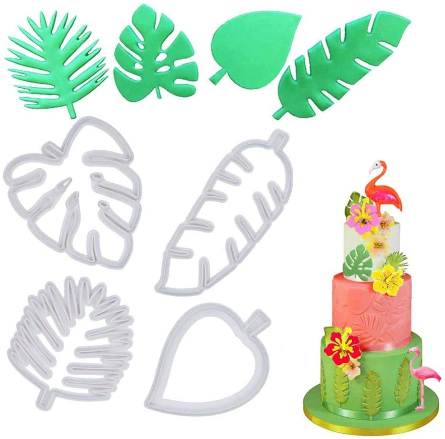 bake house 4 pcs cookie cutters set, tropical leaf cookie mould set for baking, cookie cake fudge cake decorating mold, plastic fondant cutter for diy biscuit cake pastry tools fondant tool, 4 shapes