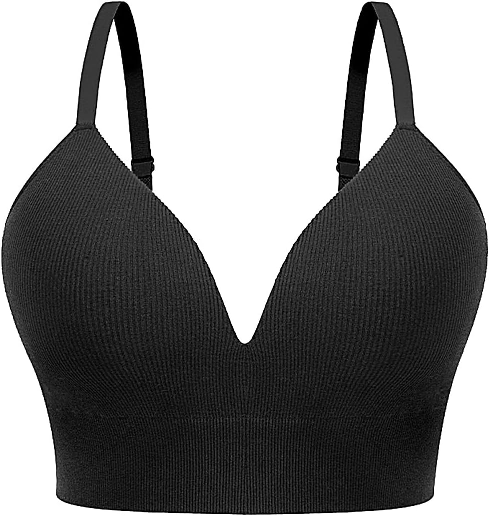 Kniffi Womens V Neck Wireless Bra Ribbed Seamless Bralette Padded Everyday Bras
