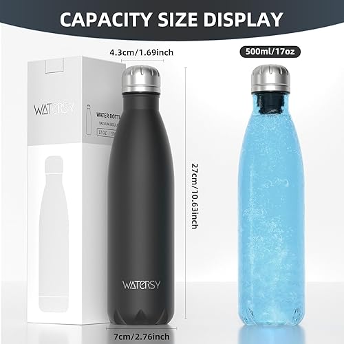 Miniatura 3 de WATERSY Botellas de agua de acero inoxidable, botellas de agua aisladas de 17 onzas  16.9 fl oz, botella de agua de metal negro que mantiene la