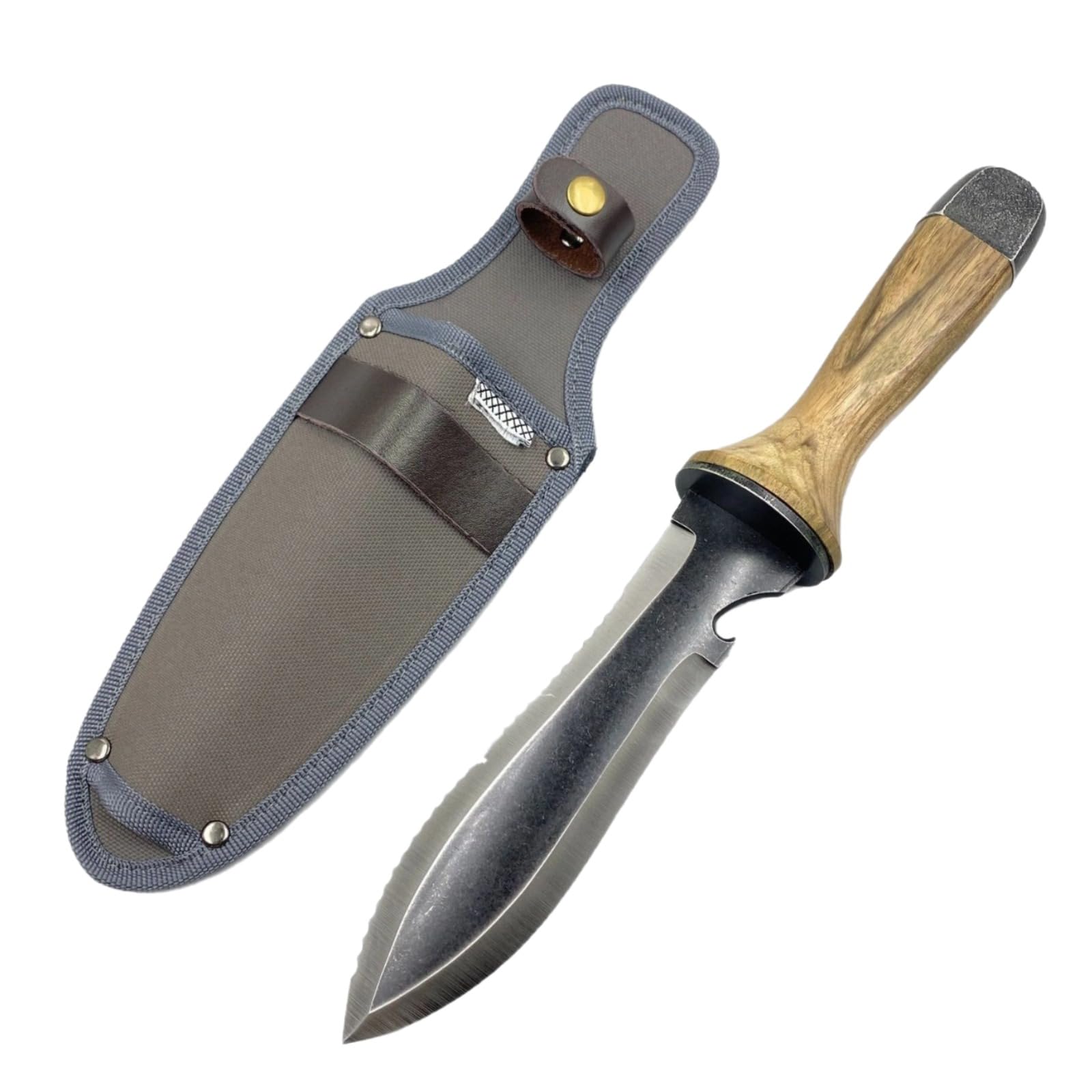 Hori Hori Gartenmesser mit Scheide, multifunktionales Hori Hori Messer für Camping und Pflanzen, Edelstahlklinge mit Walnussholzgriff, mit Lederband