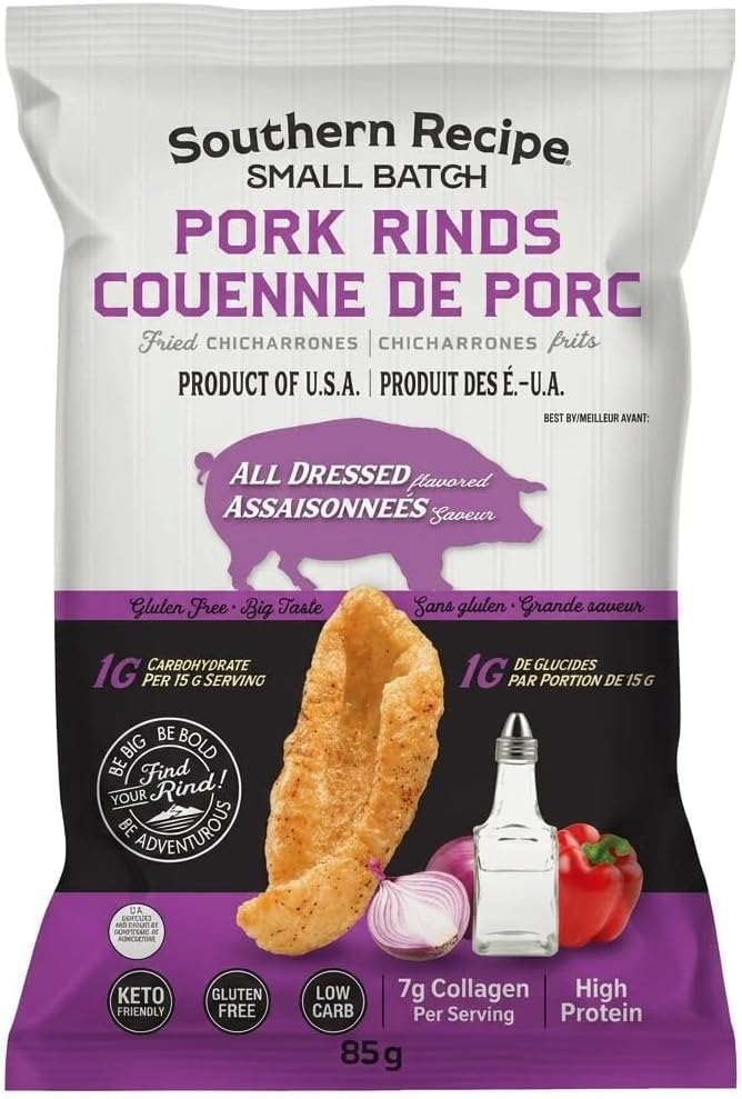 Southern Recipe Small Batch Pork Rinds, All Dressed, Keto Friendly, Gluten Free, Low Carb, 7g Collagen Per Serving, High Protein, 85g