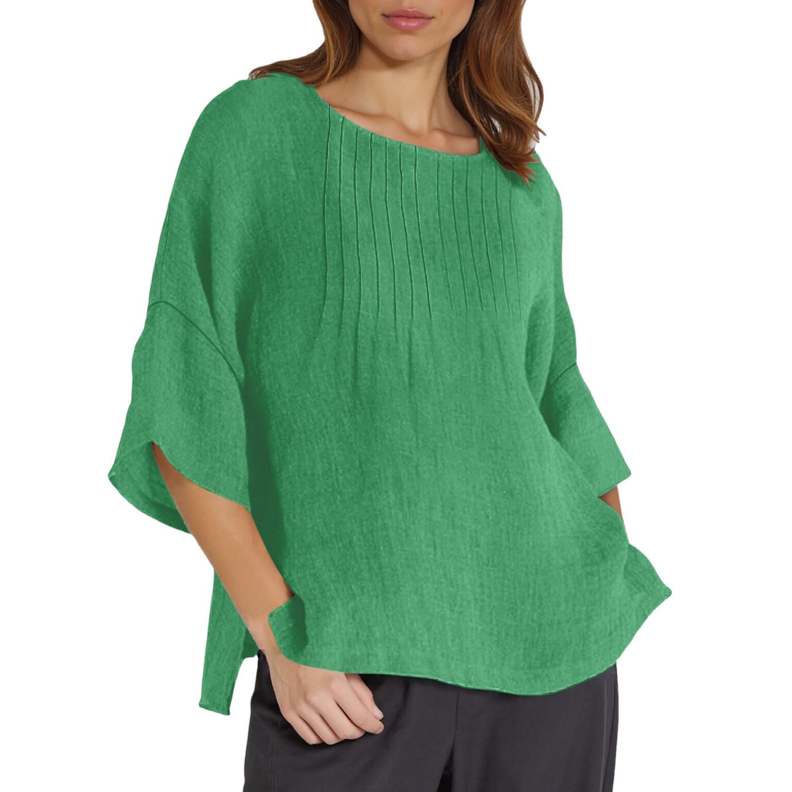 Women's Linen T-Shirt 2025 Summer Casual Crew Neck 3/4 Sleeve Loose Fit Blouse Pure Color Wrinkle Design (Green, XXL)