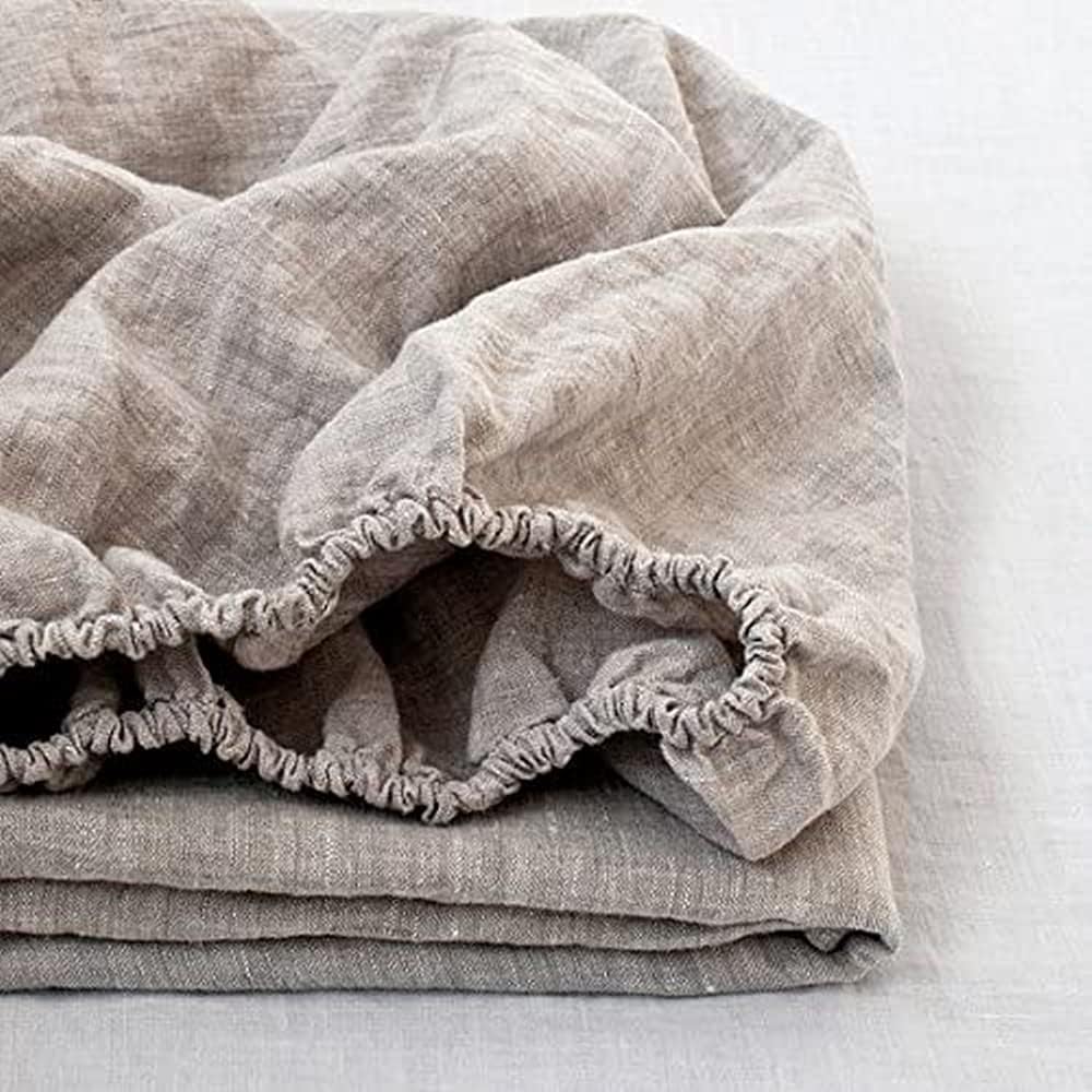 100% Linen Fitted Sheet Stone Washed Solid Color - (1 Piece) 14 inch Deep Pocket Mattress Cover Soft Natural Breathable Farmhouse - Linen, Queen Size