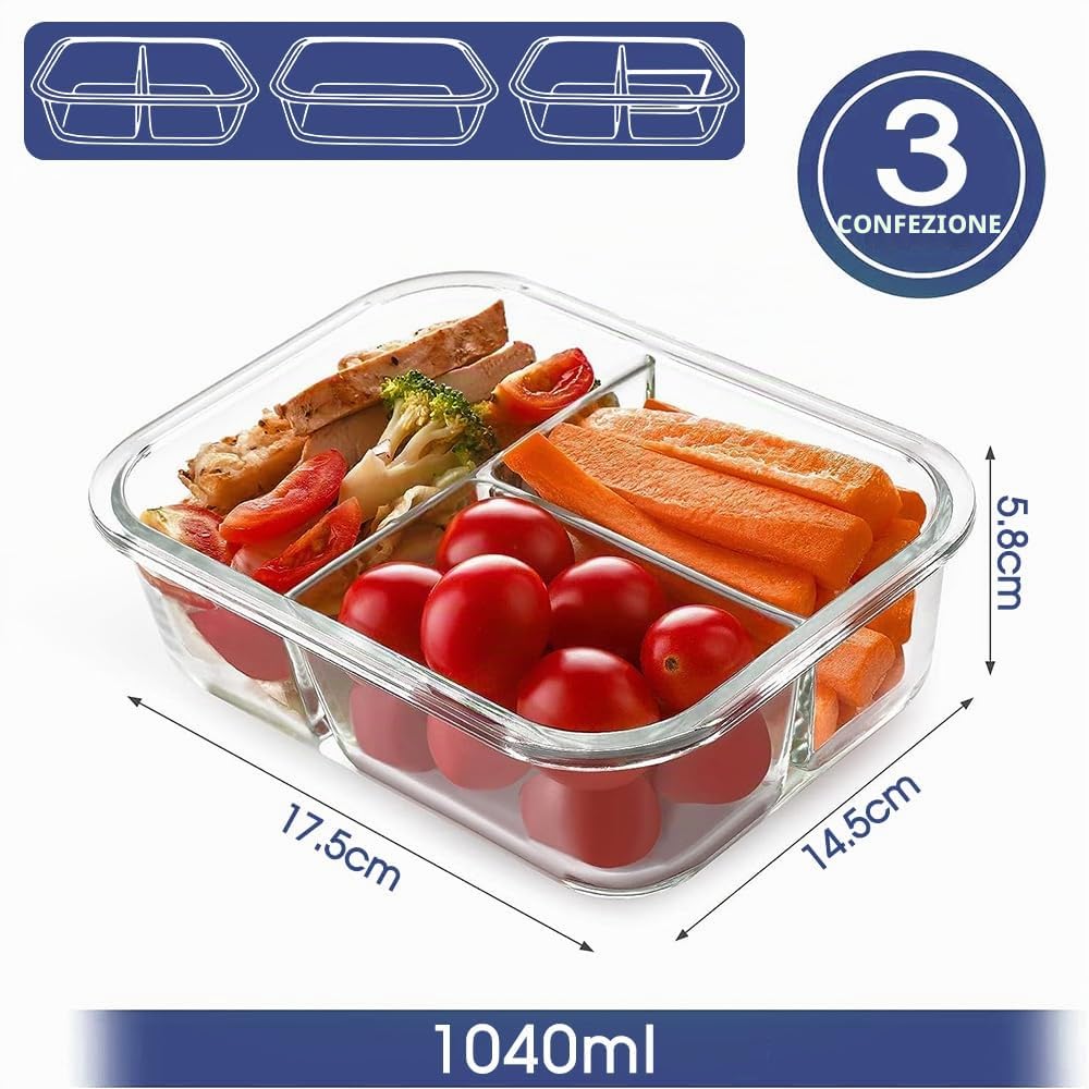 Meal Prep Box - Set di 3 contenitori per alimenti con coperchio, 1040 ml, 1 & 2 e 3 scomparti, per controllo delle porzioni, ermetici, per forno e congelatore