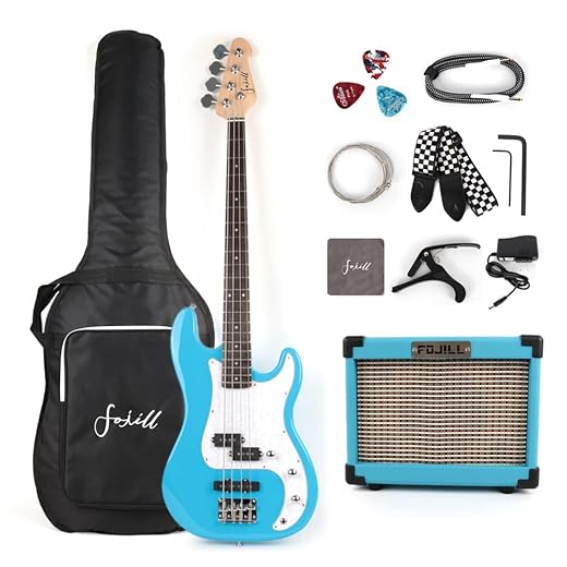 Full Size 4 Four String Electric Bass Guitar 10W Battery Power Bluetooth Amplifier Amp Beginner Starter Kit Set Combo Bundle Package Accessory Bag,Strap,Picks,Capo,Cable,Strings(Blue)