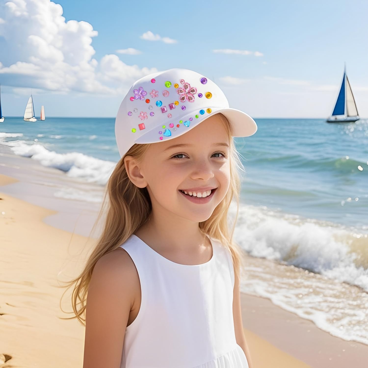 Voarge 6 Stück Kinder Kappen zum Bemalen,DIY Baseballkappe,Baseballcap Anstrich Hut Mütze Kinder Baseballmütze mit 3 Pcs Edelstein Aufklebern