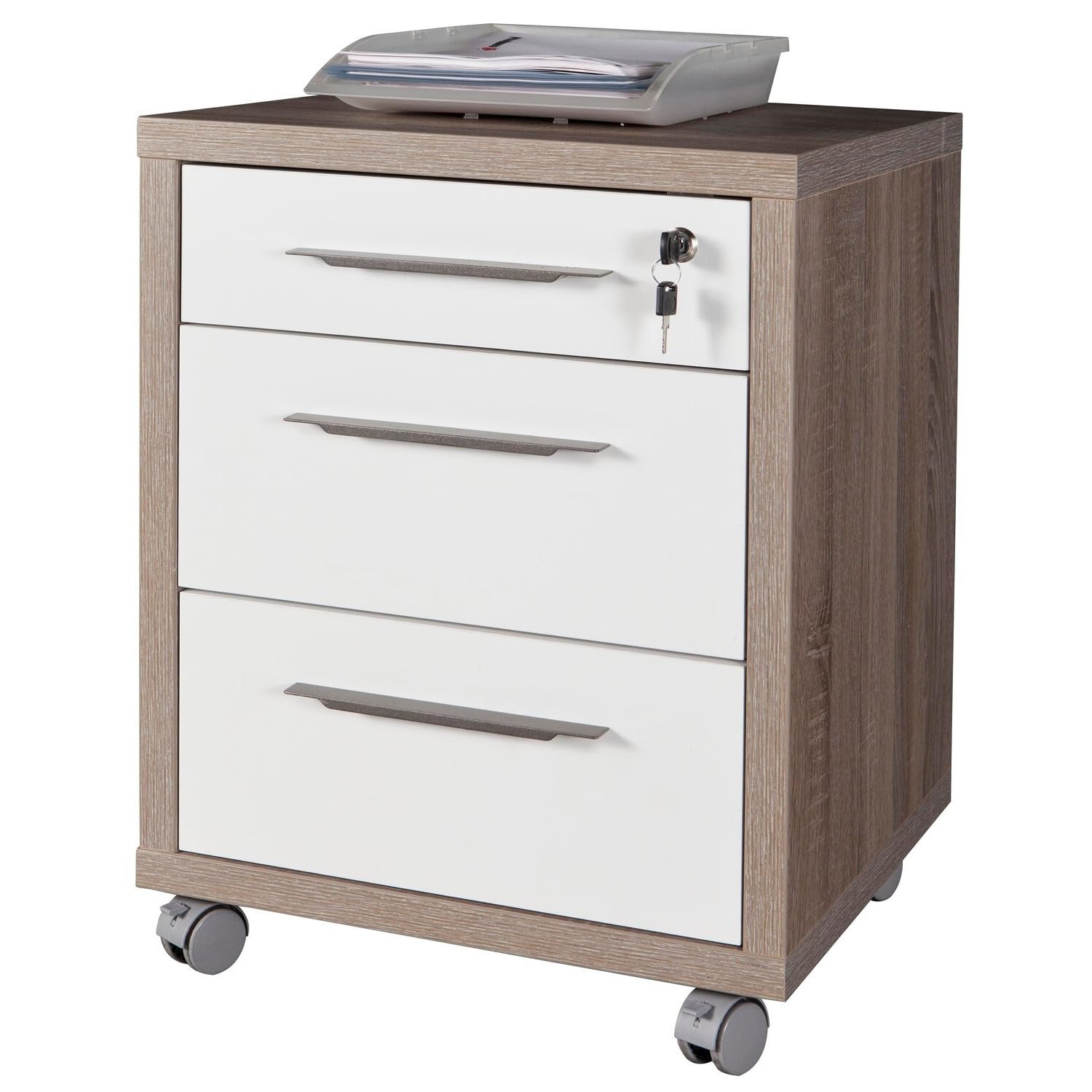 COMPOSAD | Ufficio Completo della Linea DISEGNO, Set di 4 Mobili, Libreria, Scrivania, Cassettiera, Mobile Archivio, Mobili Ufficio, Colore Rovere Sonoma e Bianco Laccato, Made in Italy