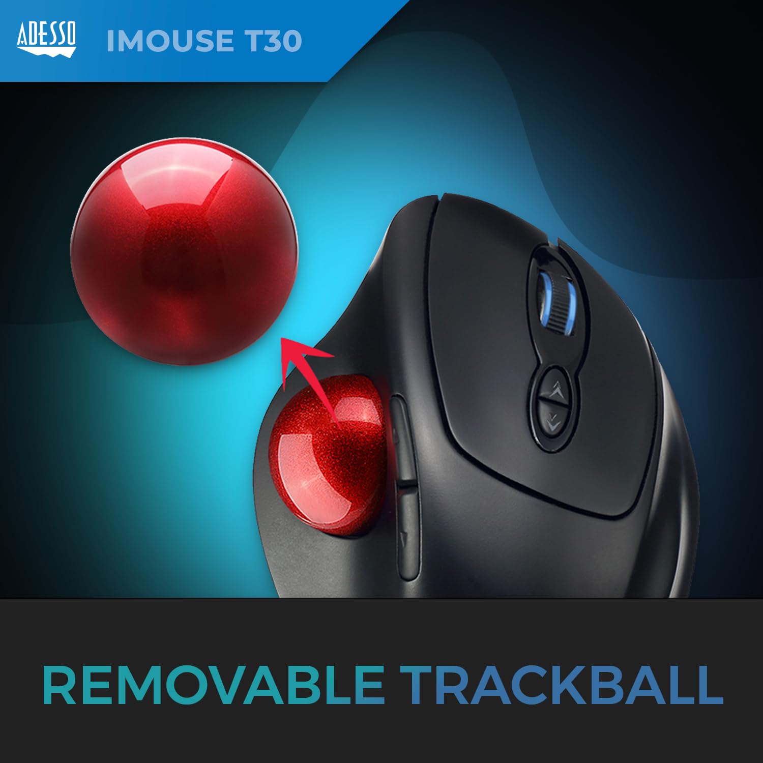 Adesso iMouse T30 - Ratón (mano derecha, Trackball, RF Wireless, 4800 DPI, Negro, Rojo)
