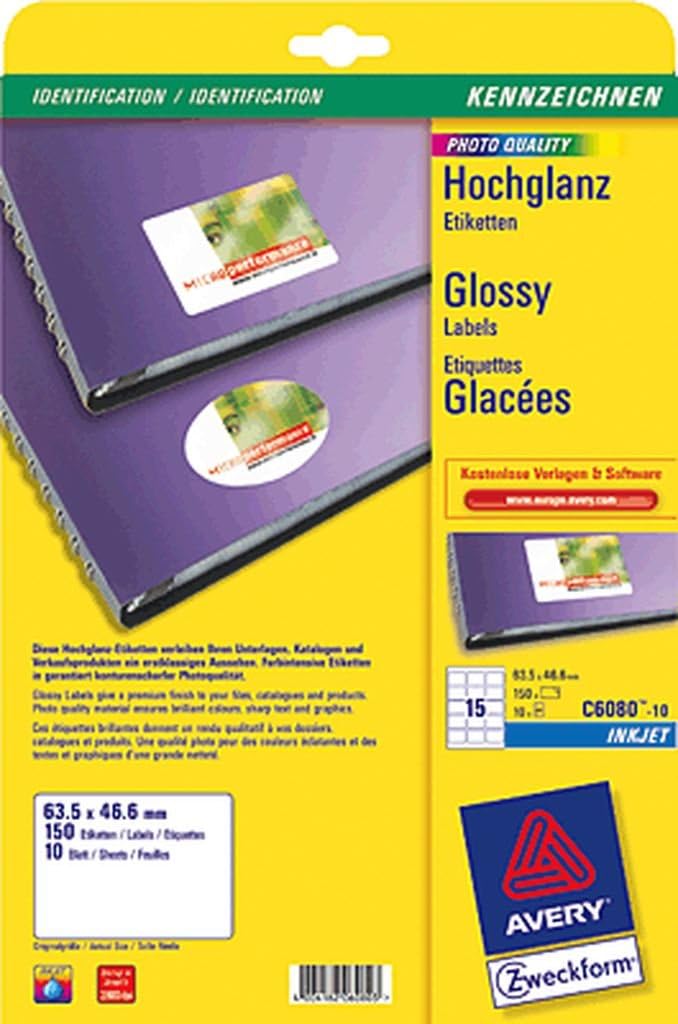 Avery C6080-10 Glossy Labels for Inkjet Printers (63.5 x 46.6 mm Labels, 15 Labels per A4 Sheet, 10 Sheets)