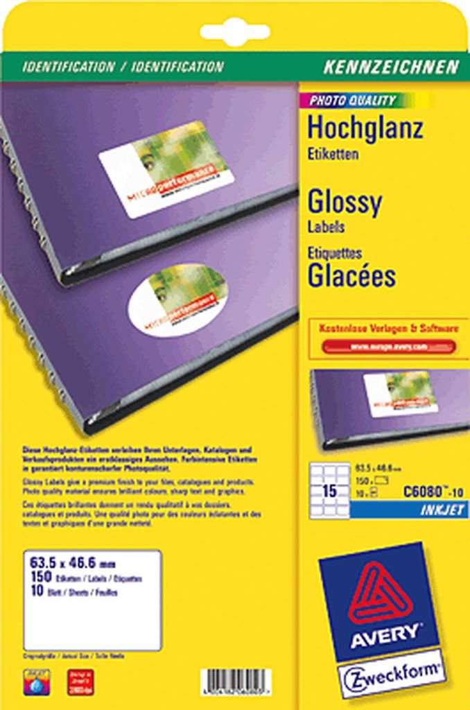 Avery C6080-10 Glossy Labels for Inkjet Printers (63.5 x 46.6 mm Labels, 15 Labels per A4 Sheet, 10 Sheets)
