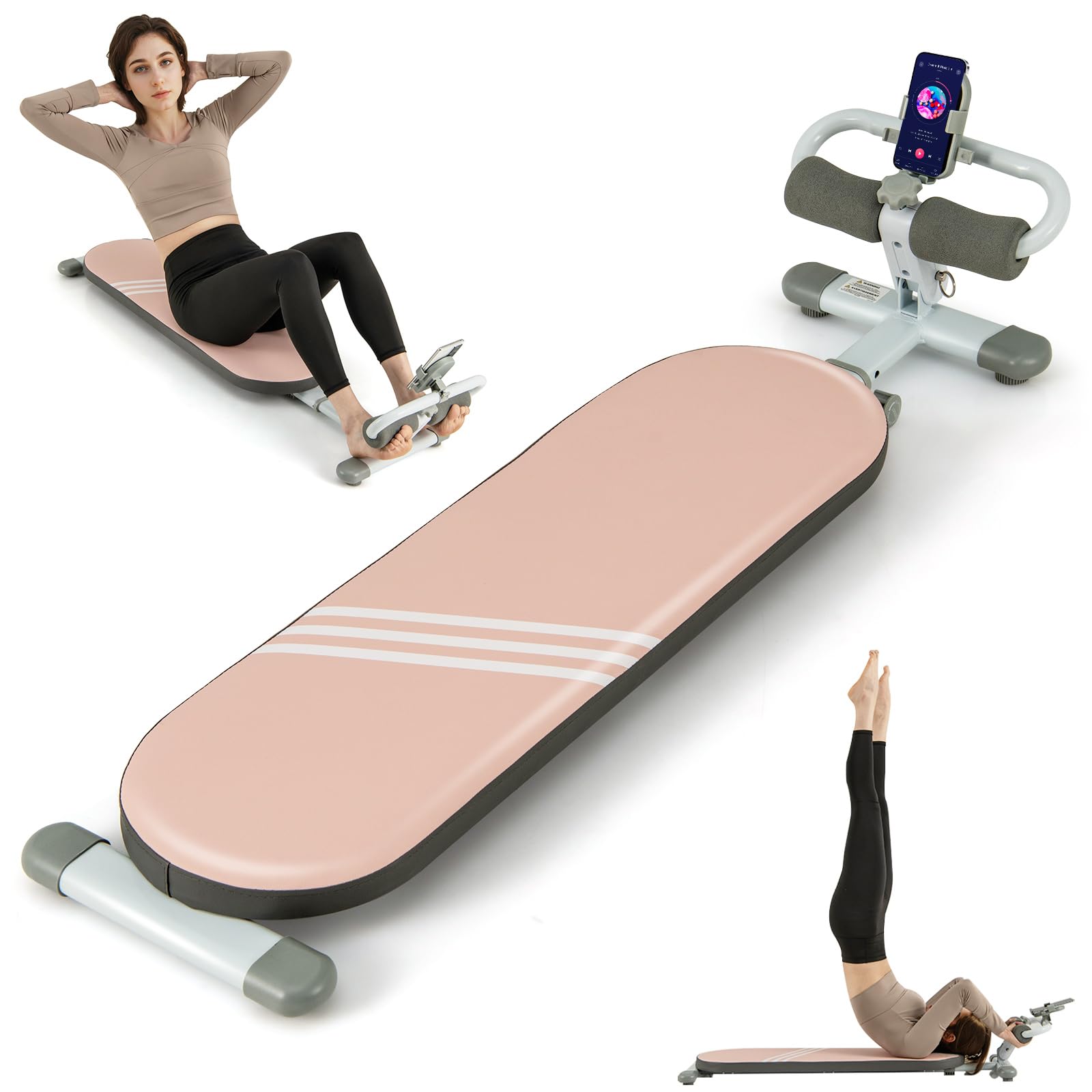 GYMAX Banc Musculation Plat pour Fitness, Longueur Régable 120-137 CM, Inclinaison Régable de Support des Pieds à 3 Niveaux, pour Entraînement des Abdominaux et des Jambes, avec Porte-Téléphone