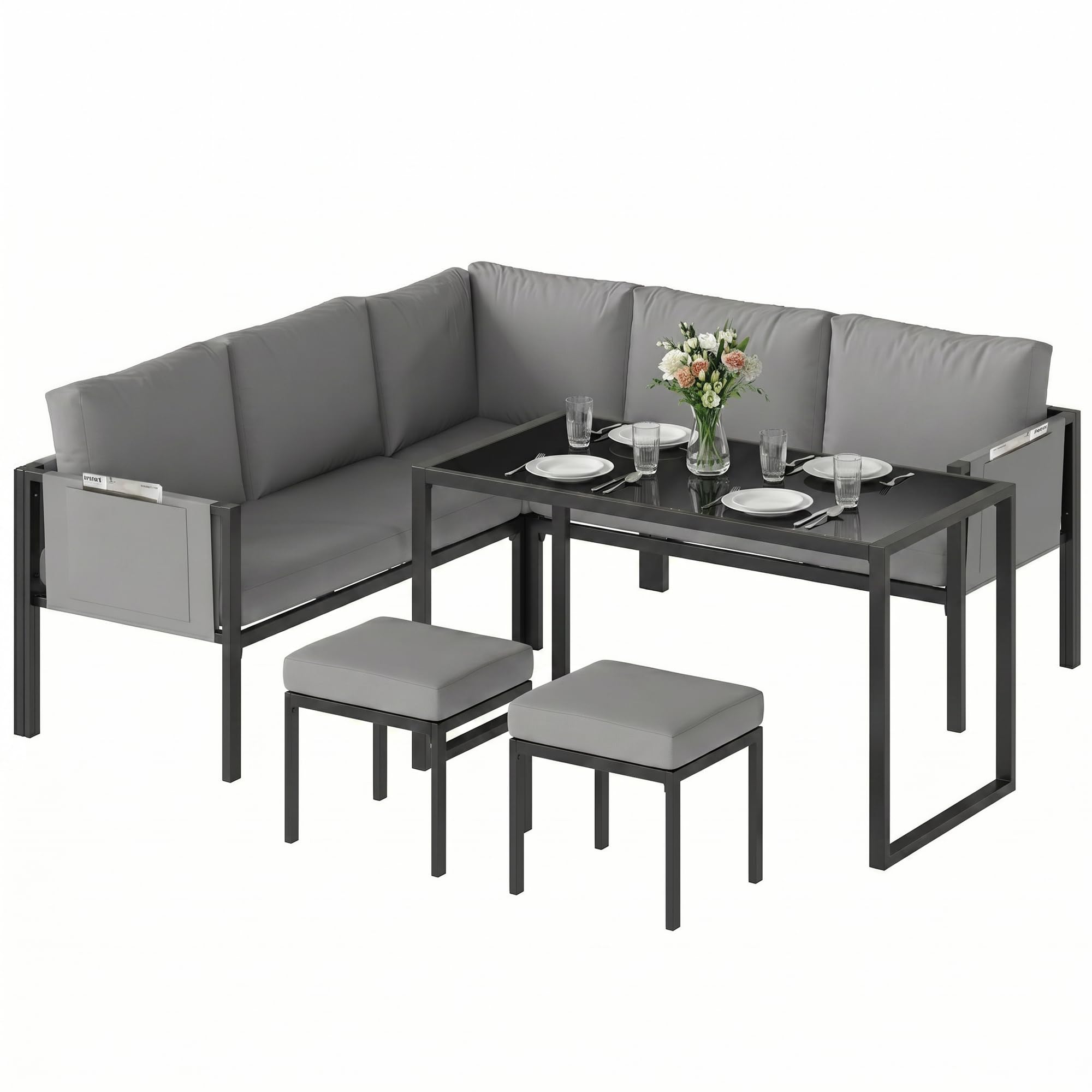 Outsunny Salon de Jardin 6 Pièces Canapé d'angle Extérieur Acier Gris | Ensemble Meuble de Jardin avec Coussins 10cm, Table Haute, 2 Repose-pieds, Mobilier de Terrasse 7 Personnes, Textilène