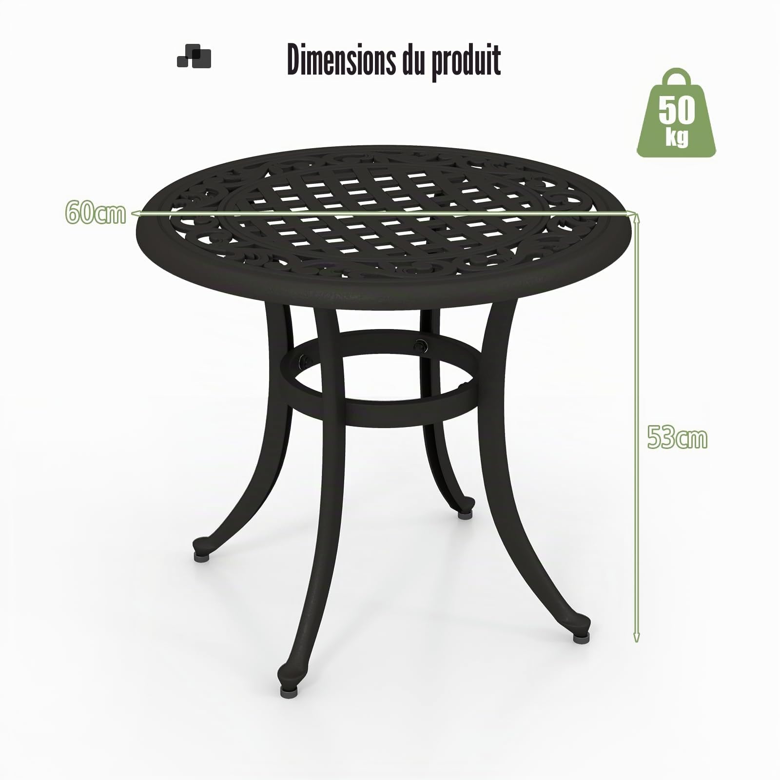 KOMFOTTEU Table de Bistrot Ronde en Fonte d'Aluminium, Table d’Appoint, Cadre en Métal, Charge de 50 kg, Meuble de Jardin, Style Vintage, pour Balcon, Terrasse, Patio, Φ60 x 53 cm (H) (Marron)