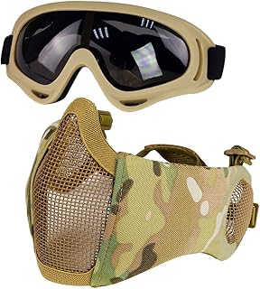 Airsoft Maschera con occhiali da sole, pieghevole Mezza faccia Airsoft Mesh Mask con protezione per le orecchie per paintball, cosplay, CS Game